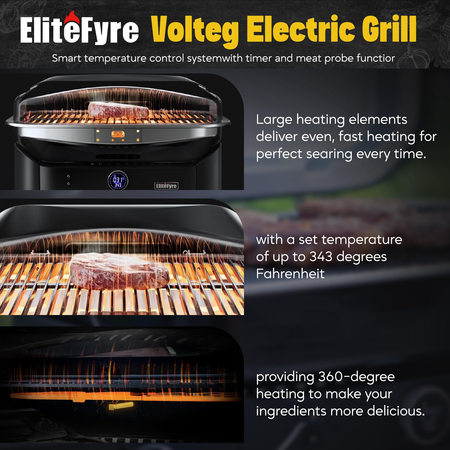 Volteq Barbecue Électrique 6-en-1, Gril de Table Haute Précision 343°C avec Sonde Thermique Intelligente, Contrôle Numérique, Surface de Cuisson 54 x 32 cm, Idéal pour Appartement, Balcon et Camping