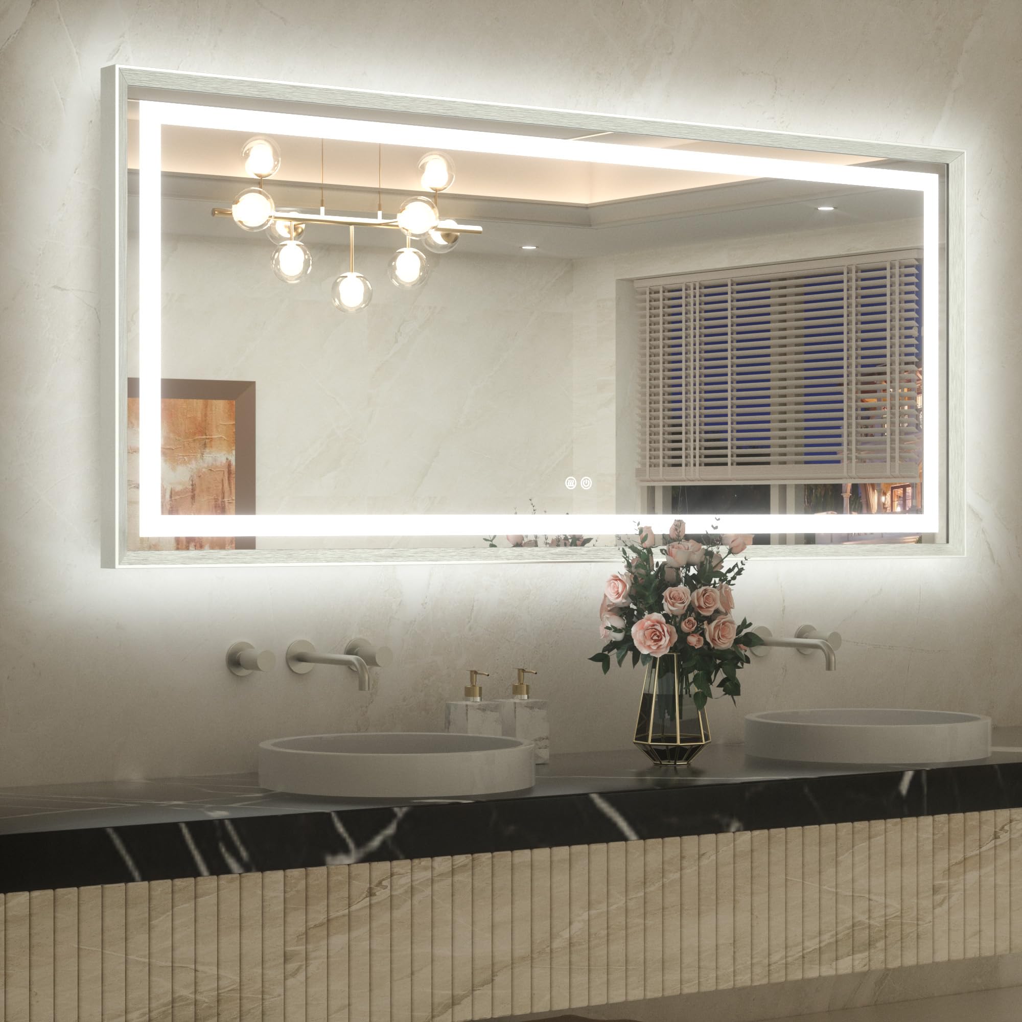 TETOTE 60 x 28 Large Bathroom Mirror Brushed Nickel Metal Frame Frontlit &amp; Backlit Vanity Mirror 3 Colors White/Warm/Natural Stepless Dimmable Anti-Fog Bathroom Mirrors for Vanity Wall-Mounted