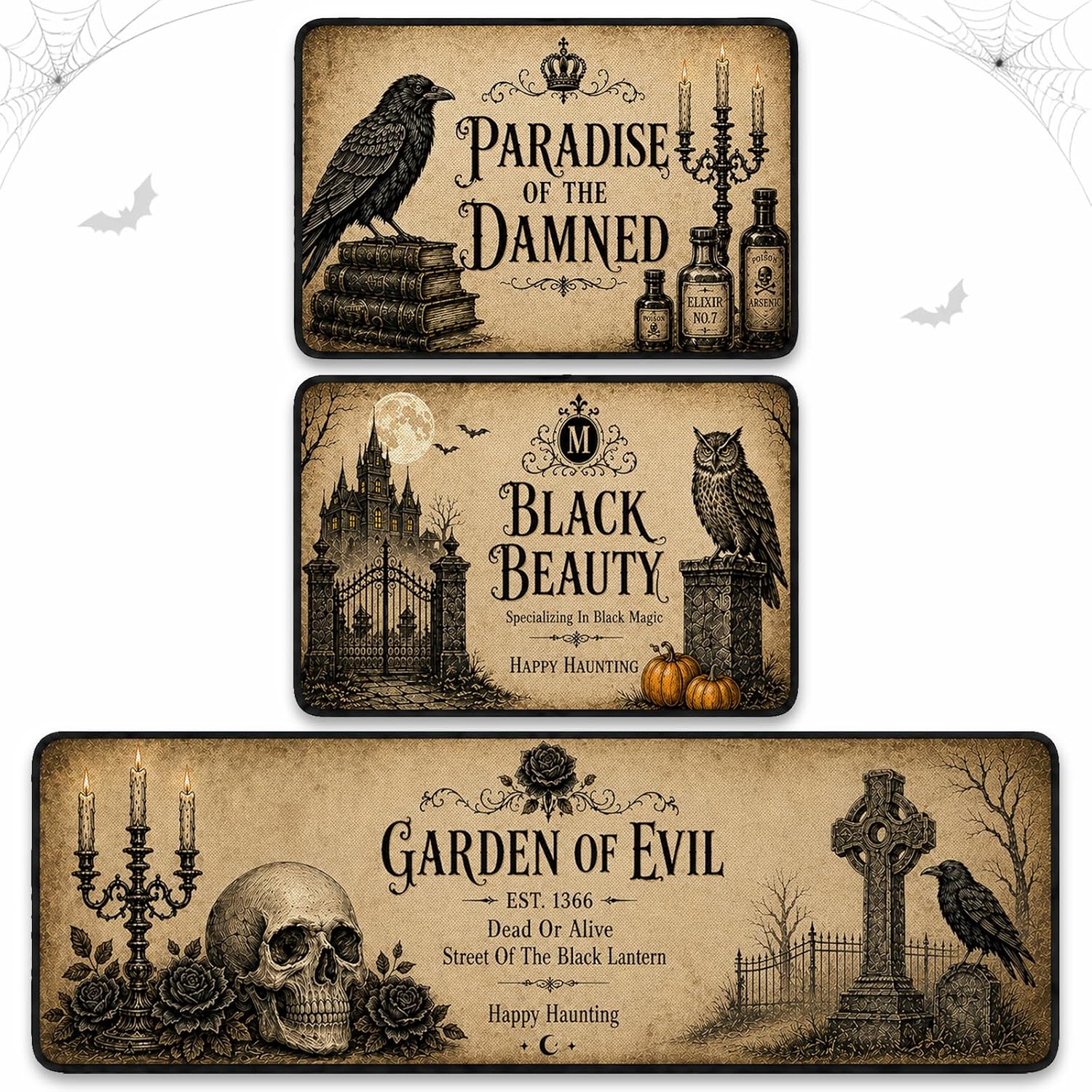 3Pcs Halloween Kitchen Mats, Vintage Gothic Floor Rug Set | Skull, Crow and Owl Designs for Sink, Laundry Room, Entryway, Porch and Fall Home Decor