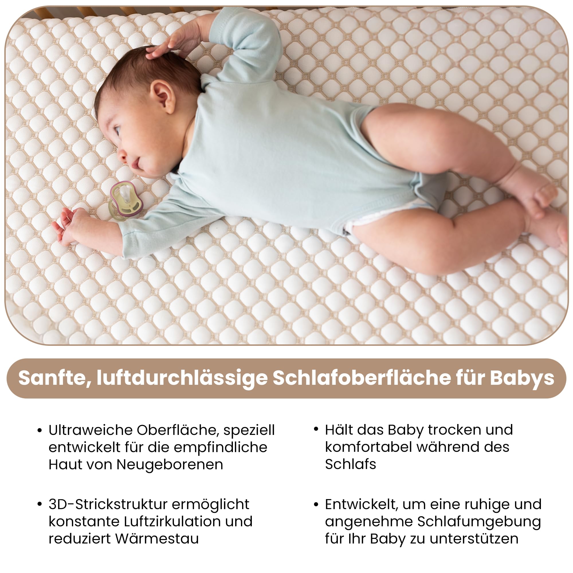 Baby Matratzenauflage 70x140 cm – Oeko-TEX Zertifiziert, atmungsaktiv & weich – 3D-Strick mit Gummizug mit 4 Eckgummis, Weiss/Beige