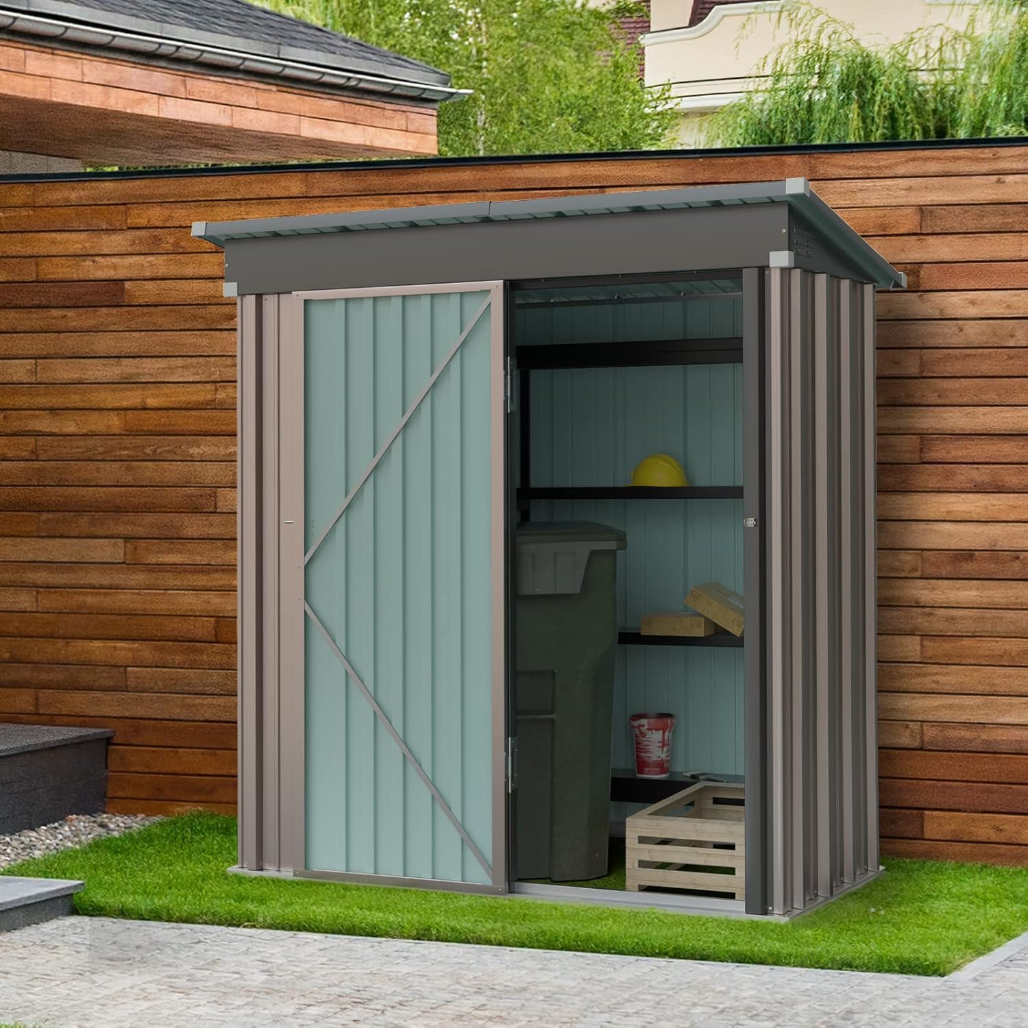 UDPATIO Abri de Jardin Métal 162x92x180 cm - Cabane de Jardin Extérieur avec Toit Incliné et Serrure, Rangement Outils de Jardin/Vélo, Marron
