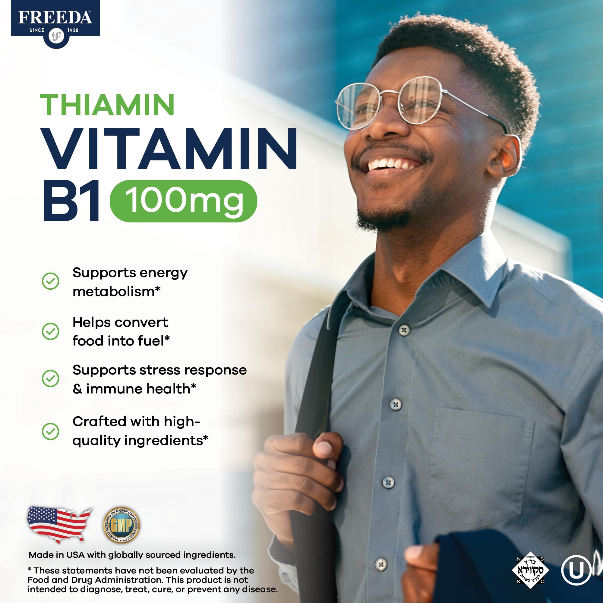 Freeda Vitamin B1 Thiamine 100mg - Supports Energy Metabolism, Nervous System Health - Kosher, Vegan, Gluten Free - Thiamin HCl 100 mg Vitamin B 1 - Pure Vit B1 Vitamin Thiamine B1 Supplement (100 Ct) — Amazon image 2