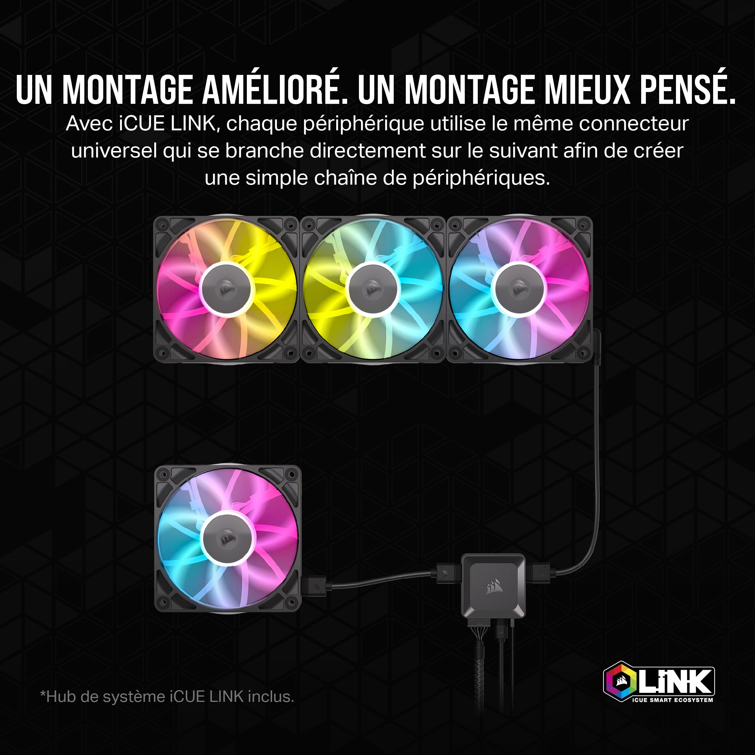 CORSAIR iCUE LINK RX120 RGB 120mm Ventilateurs PWM avec Hub Système iCUE LINK - Roulement à Dôme Magnétique - Triple Pack - Noir