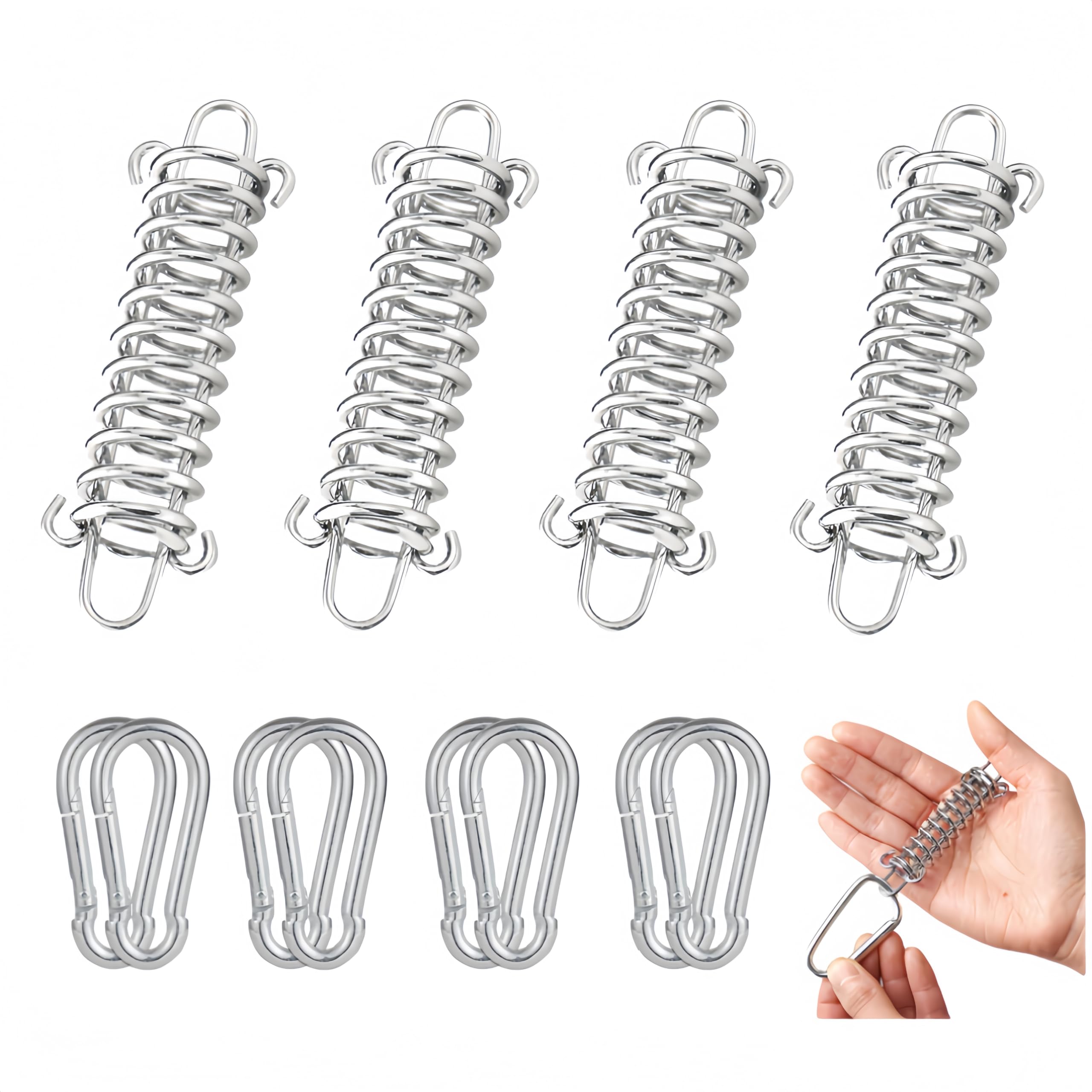 Molla Ormeggio,Fibbia a Molla Tenda da Campeggio, 4 PCS Gancio a Molla Tensione Tenditore e 8 PCS Moschettoni, Molla in Acciaio Inossidabile, Tenditore a Molla per Tenda Spiaggia e Vela Ombreggiante