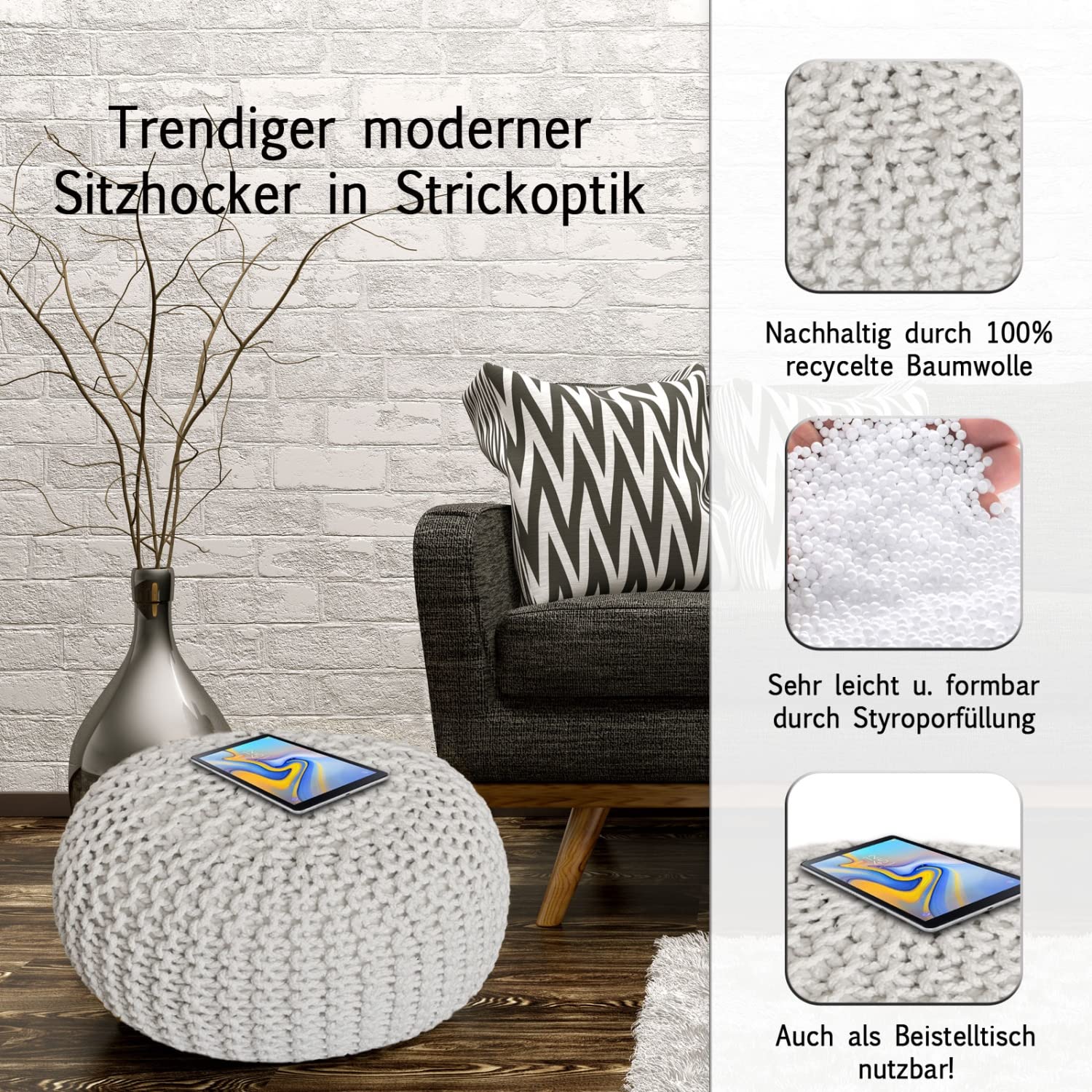 casamia Pouf Ø 55 o 45 cm, sgabello lavorato a maglia, per interni, dimensioni ø 45 cm, colore bianco