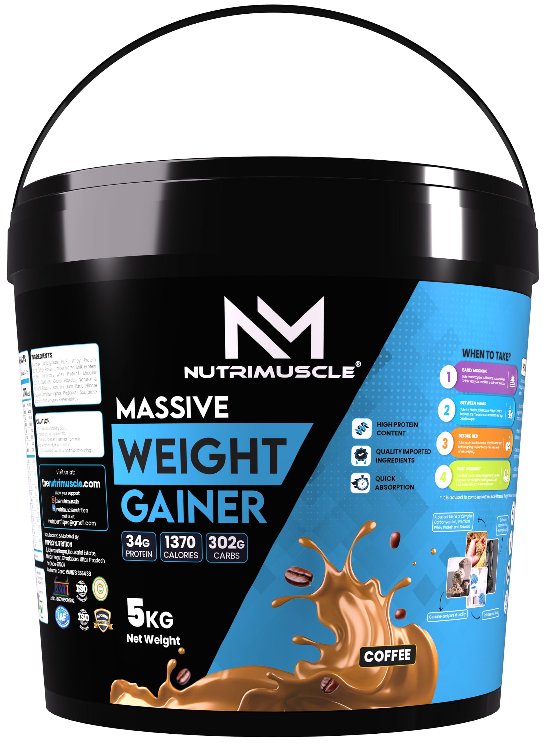 Nutrimuscle Massive Weight Gainer - 5 Kgs - Coffee Flavour For Weight & Mass Gain - Contains Complex Carbohydrates