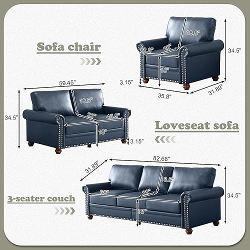 Miniatura 2 de Antetek Juego de sofá de piel sintética de 3 piezas, sillón moderno de mediados de siglo+sofá biplaza+sofá de 3 plazas con espacio de Azul