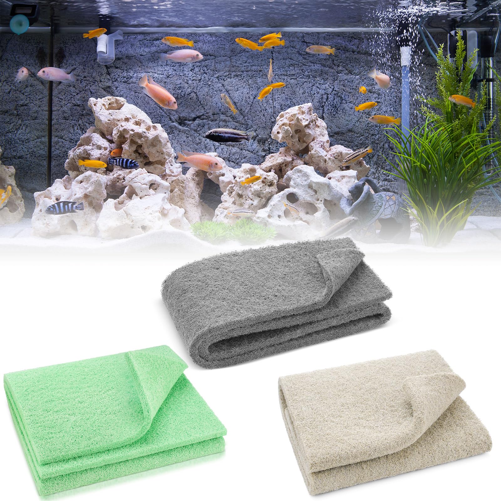 Treela 3 Pack Aquarium Filter Media Pads, Color-Coded 3-in-1 for Ammonia, Nitrite & Phosphate Removal, Cut-to-fit for Fish Tanks & Ponds, Improves