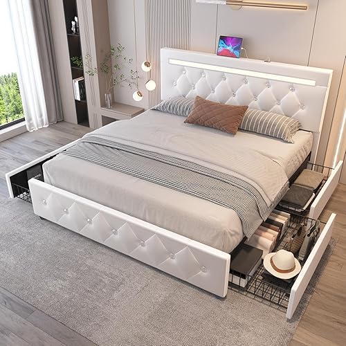 Miniatura 8 de Benevika Base de cama tamaño Queen con 4 cajones y cabecera LED ajustable, plataforma tapizada de piel sintética con estación de carga, soporte de