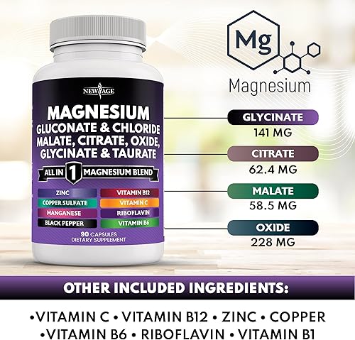 Miniatura 3 de NEW AGE Suplemento de magnesio, potente citrato de glicinato, óxido de malato, taurato, aspartato, gluconato, orotato y cloruro de mag, manganeso,