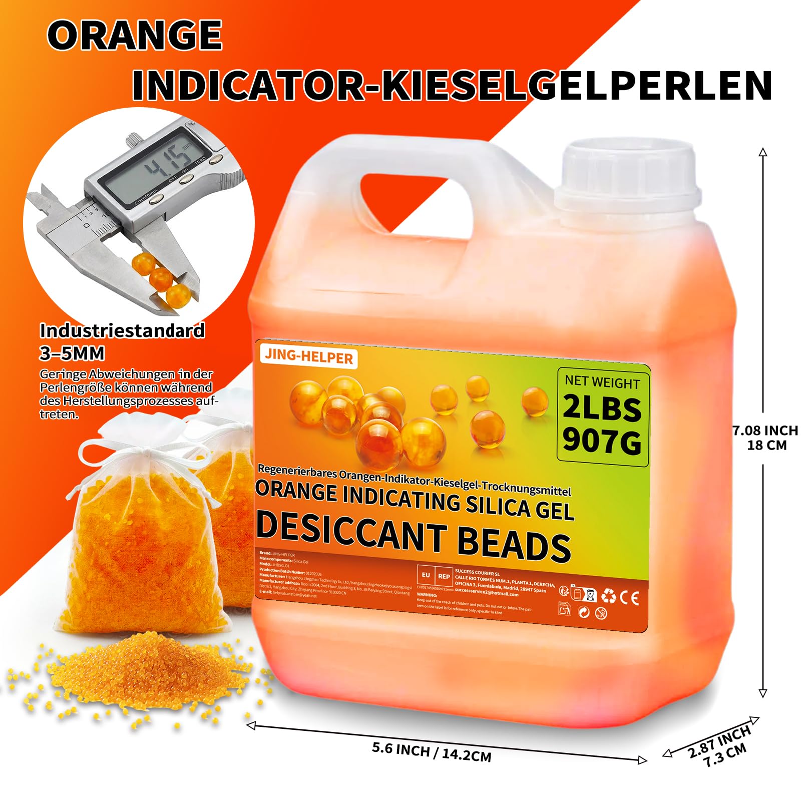 Orange Silica Kugeln 907G, Wiederverwendbare Indikator-Silikat Trockenmittel 3-5mm, Silikagel Desiccant für 3D-Druckfilamente, Elektronik, Kameras, Schmuck (Enthält 10 Organzabeutel)