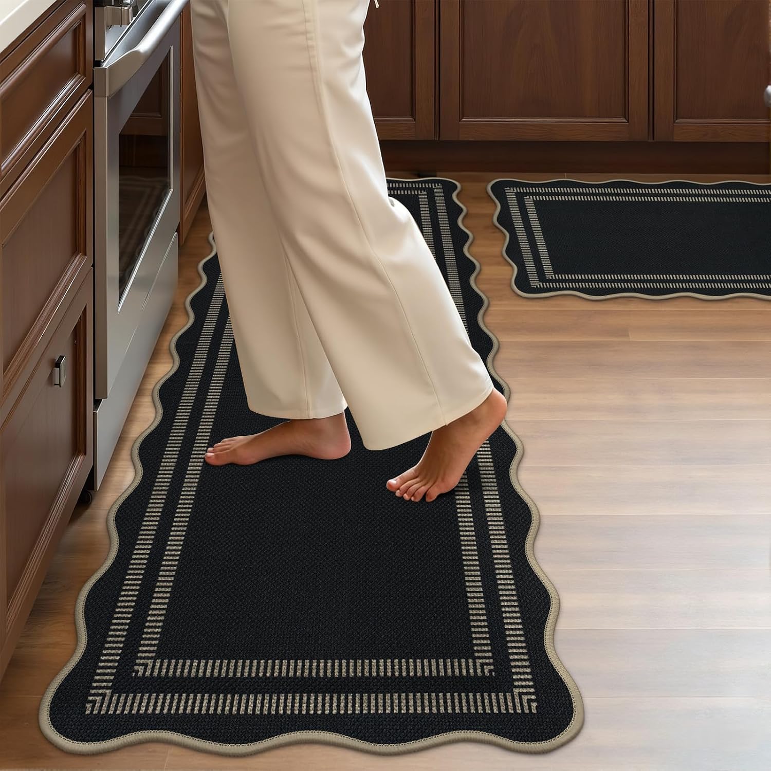 Kitchen Rugs Sets of 2 PCS, Non Slip Cushioned Rugs for Kitchen Floor, Absorbent Scalloped Rug Comfort Standing Mats for Sink Laundry Hallway Entryway,17.3"x30"+17.3"x47"