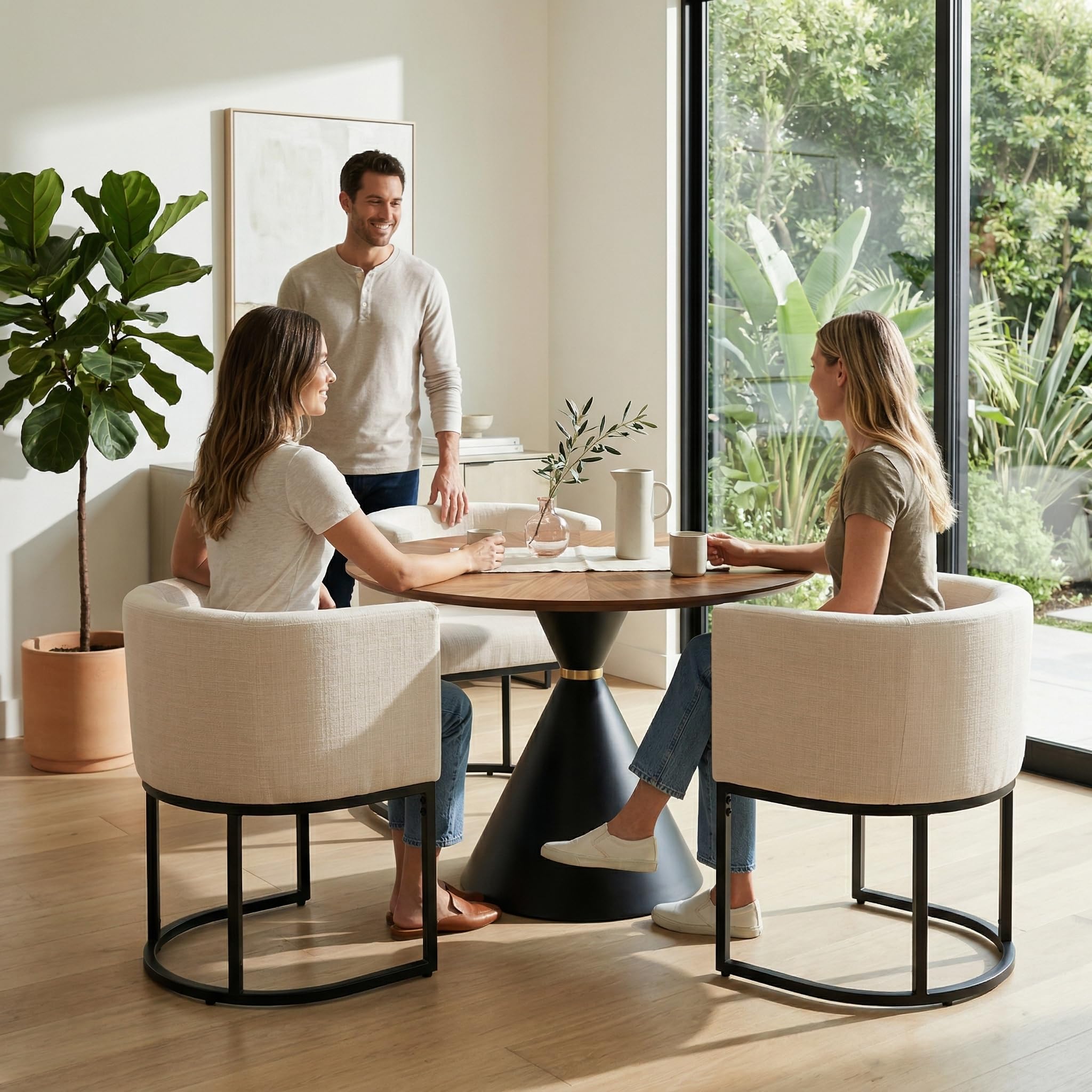HNY Mid Century Modern Upholstered Barrel Dining Chairs with Arms Set of 3, Linen Kitchen &amp; Dining Room Chairs, 18.5" Wide Accent Chairs for Dining Room Living Room with Black Metal Frame, Cream