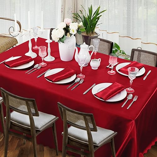 Miniatura 6 de Mantel rectangular de satén rojo de 58 x 102 pulgadas, mantel festoneado (1 paquete), mantel rectangular de satén oblongo, resistente al agua,