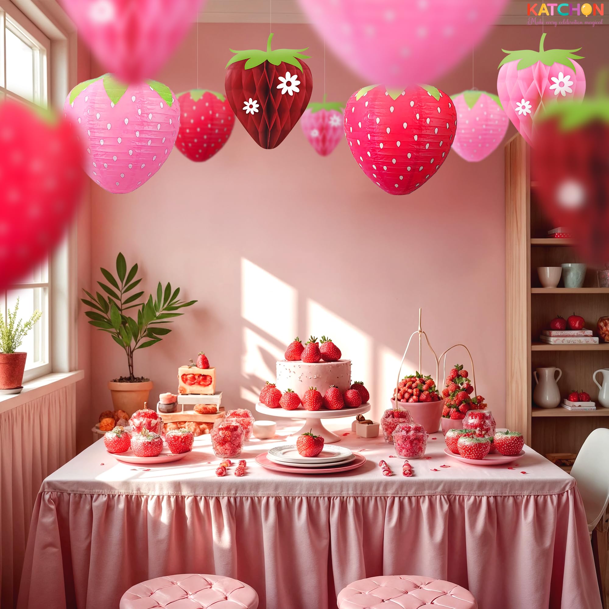KatchOn Strawberry Paper Lanterns 10 Pack - Pink & Red Hanging Decor For Birthday, Berry Themed Parties, First Birthday - View #4