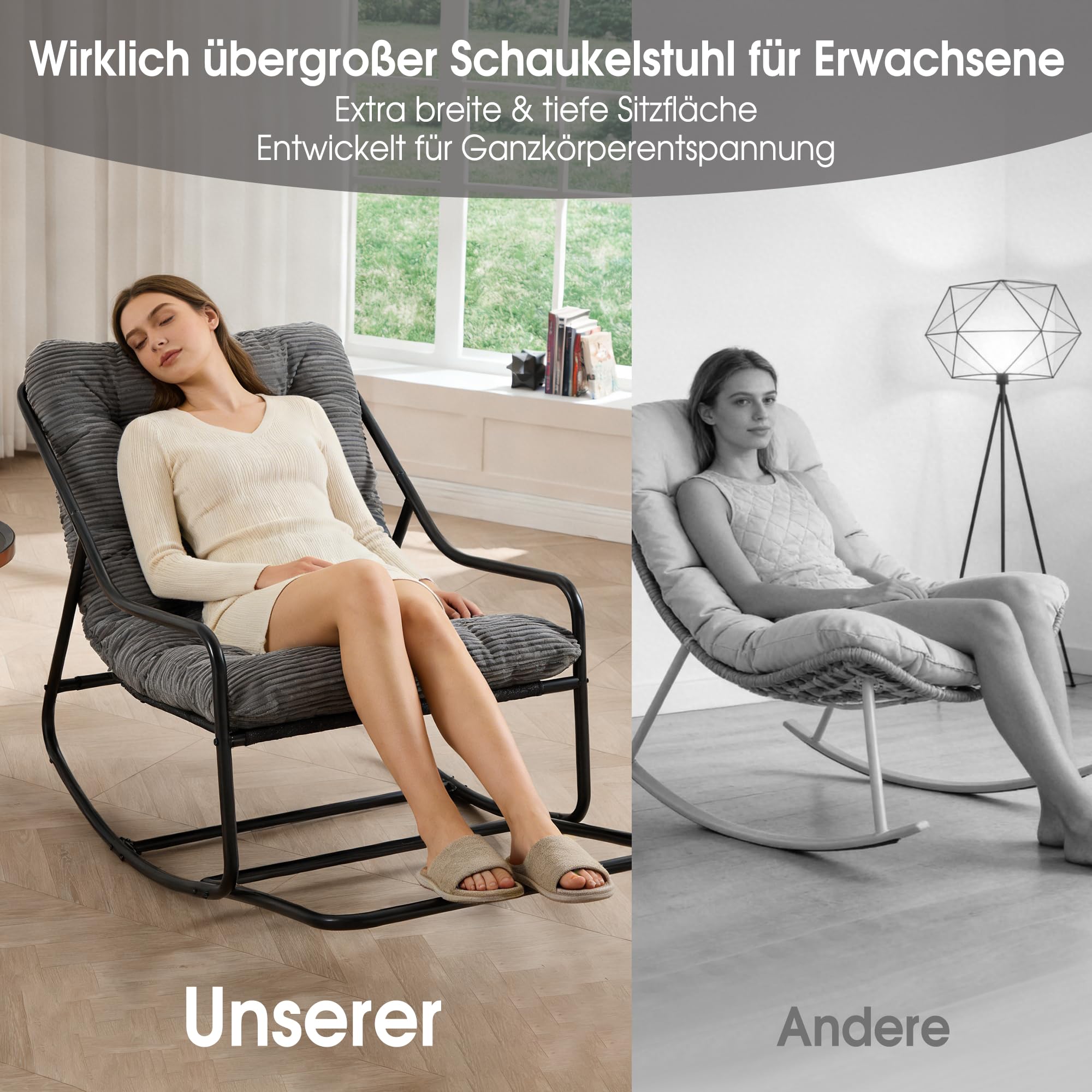 Übergroßer Schaukelstuhl, Gemütlicher Papasan-Stuhl mit Dick Gepolstertem Rahmen, für Innen- und Außenbereich – Robuster Stahlrahmen, Max. 160 KG，Dark Grey
