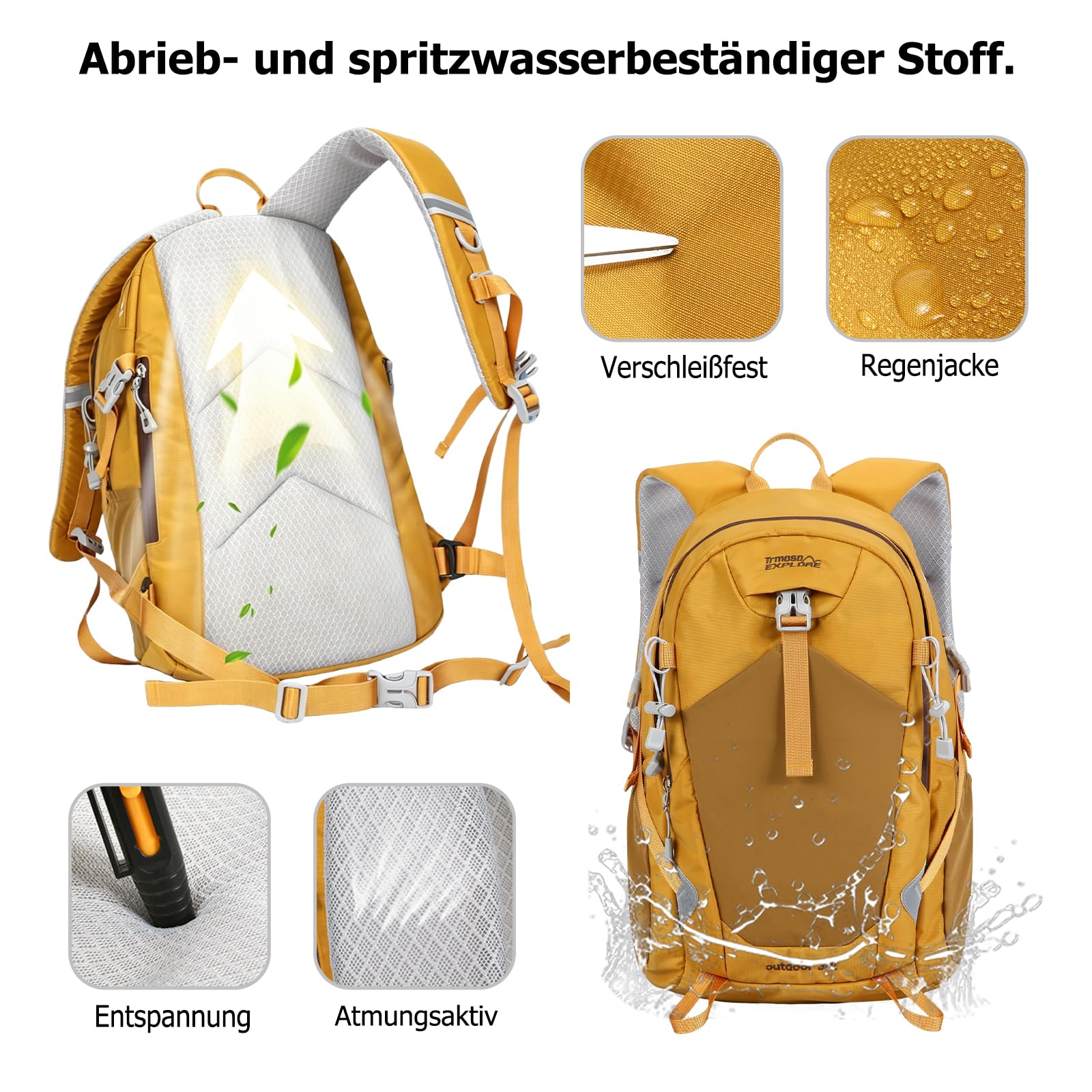 30L Wanderrucksack Wasserdicht Outdoor Tagesrucksack mit Ergonomischem Druckentlastungssystem Reflektierenden Streifen Mehrtaschen Rucksack für Camping Reisen Täglicher Gebrauch Gelb
