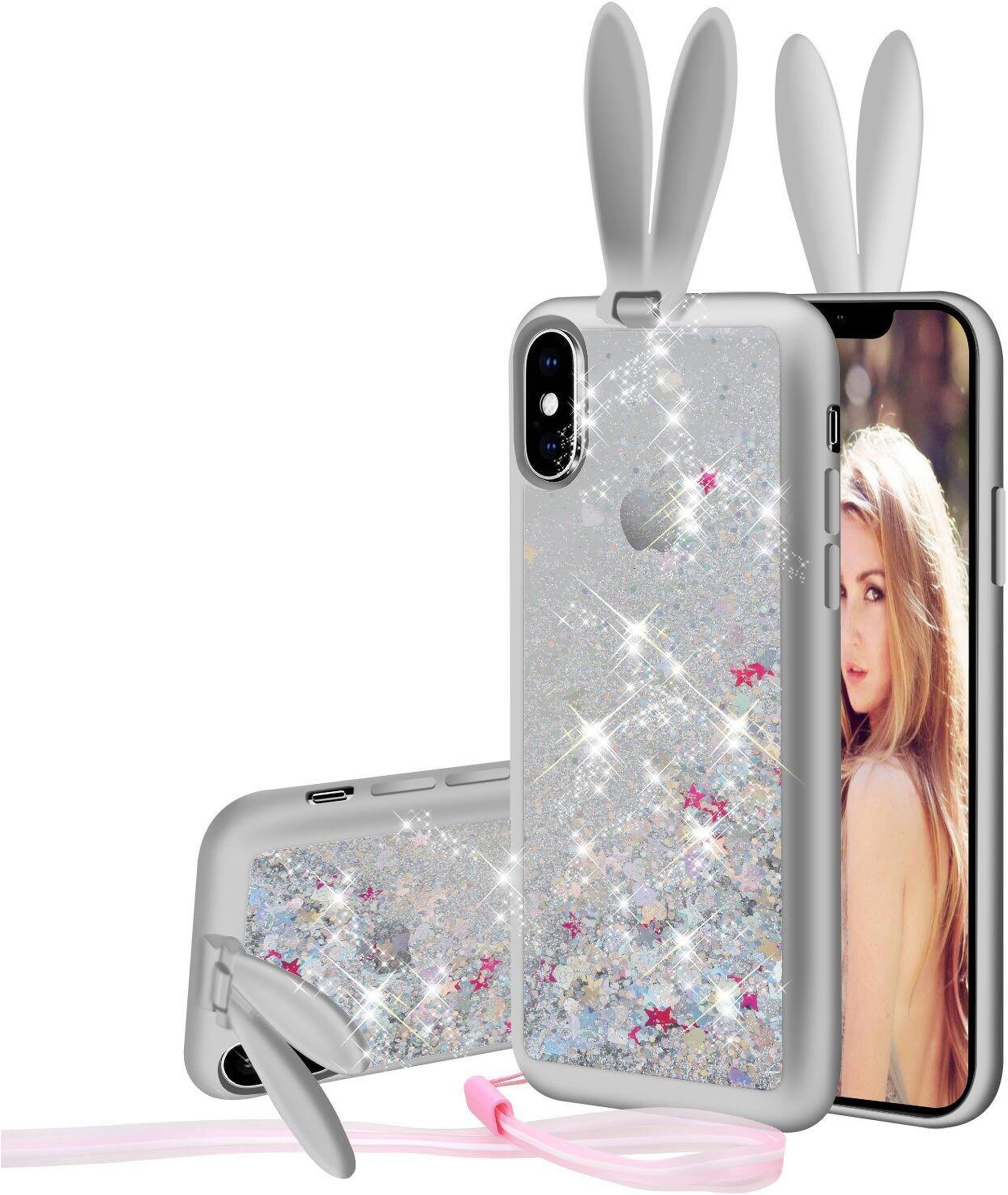 iPhone X Case,iPhone 10 Case,Glitter Cute Clear Back Phone Case Girls with Kickstand and Hang a Rope,Luxury Fashion Bling Flowing Liquid Floating Sparkle Glitter Girly TPU Bumper Case For iPhone X.
