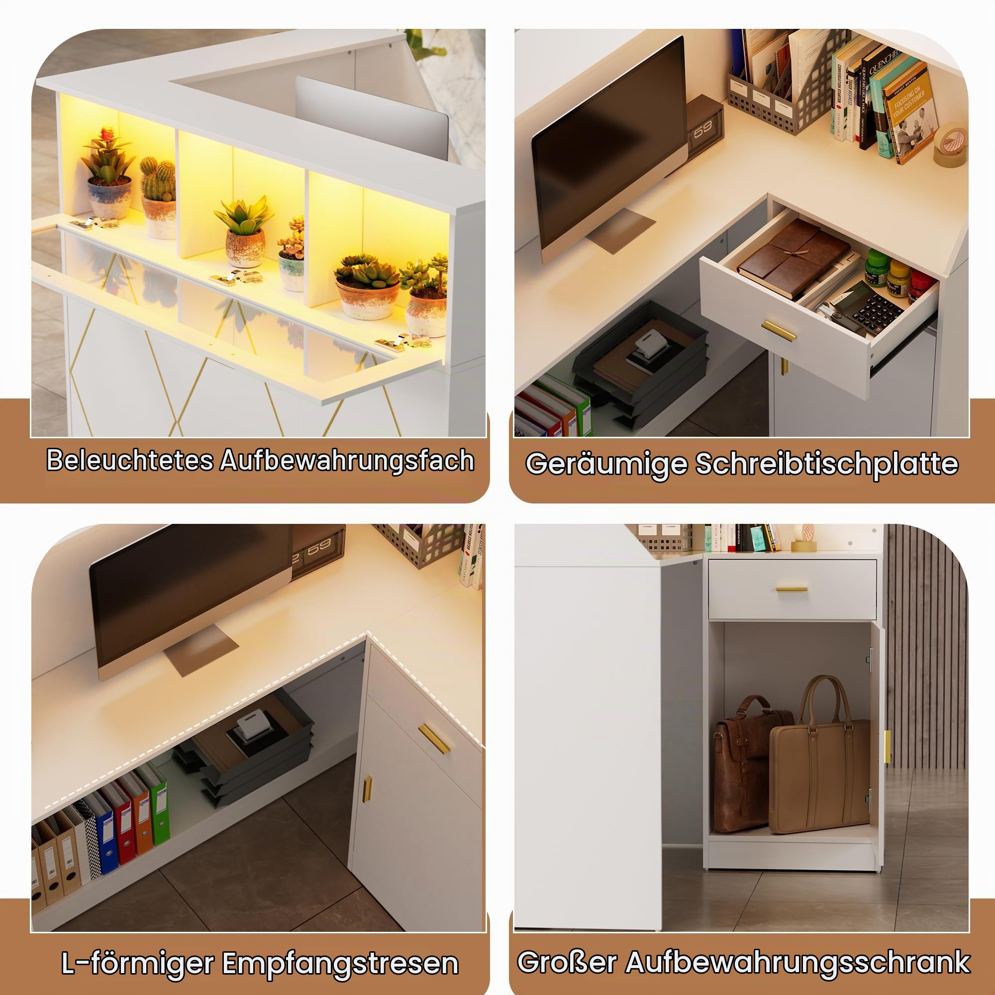 MSFE Empfangstheke mit LED, Empfangstresen Rezeptionstresen L Form mit Schubladen und Schränken, Moderner Rezeptionstheke Rezeption Tisch Verkaufstheke für Salon Geschäft Hotel,126x100x111cm (Weiß)