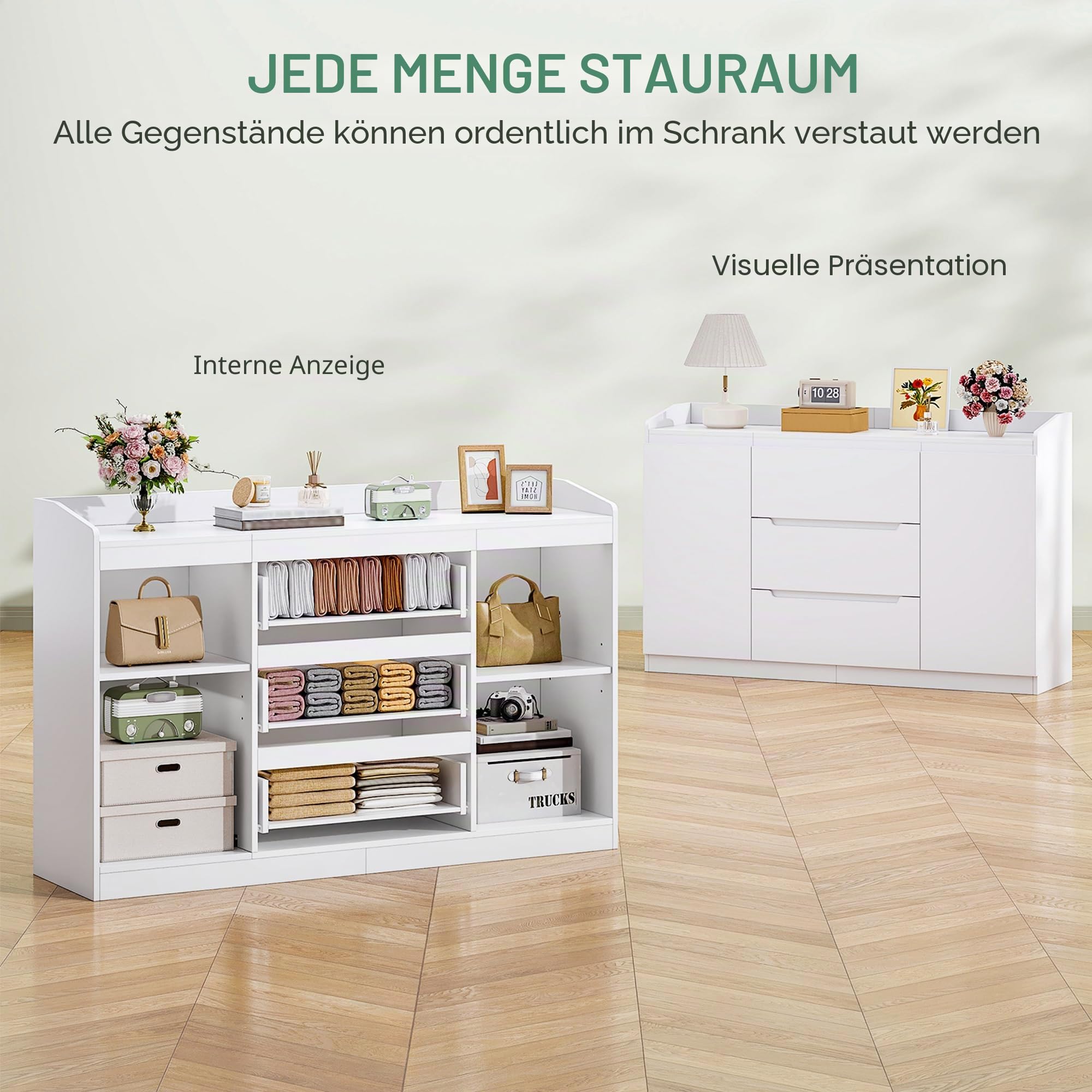 Hzuaneri Kommode, 3 Schubladen, 2 Türen, 40 x 140 x 87 cm, Weiß | Holz-Kommode, moderner Aufbewahrungsschrank für Schlafzimmer, Wohnzimmer, Büro, Eingangsbereich, DC12503X