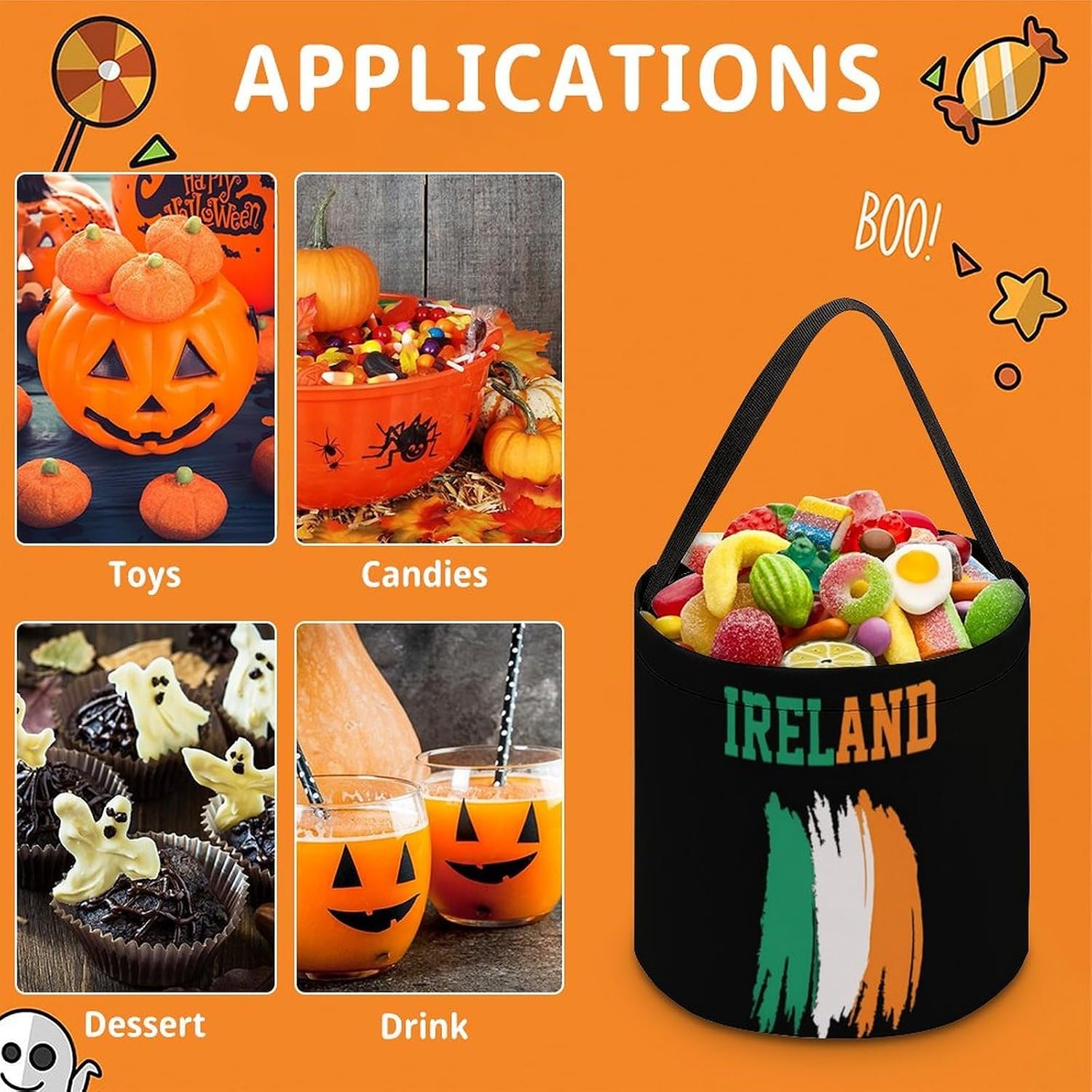 Ireland Irish Flag Halloween Treat Bag Reusable Candy Basket Tote Goody Bags Gift Party
