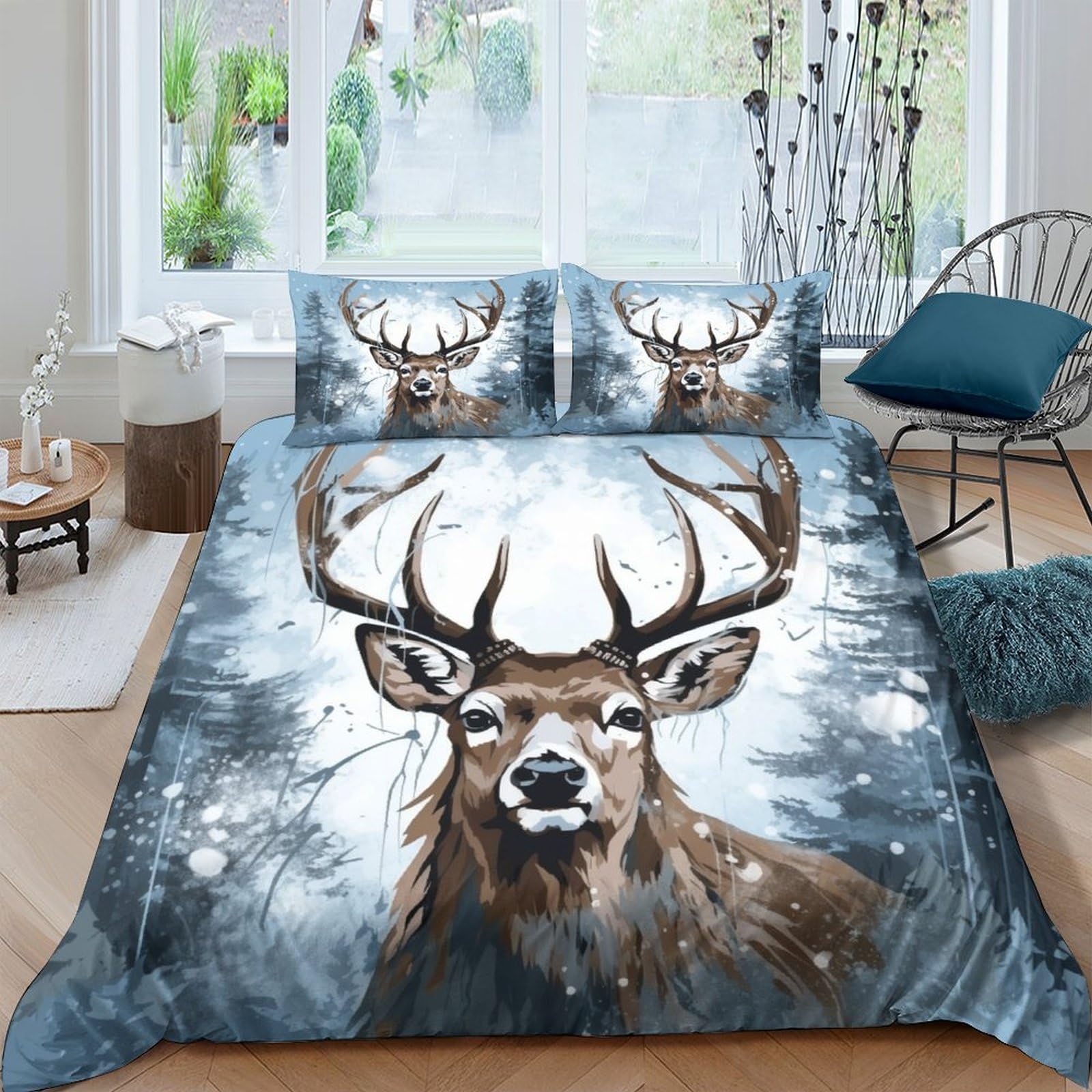 Housse de couette 220x240 cerf Sika parure de lit microfibre premium avec taies d'oreiller