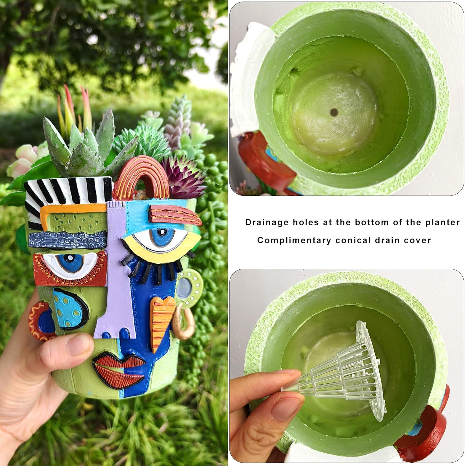 5.9" High Handcrafted Abstract Face Planter with Drain Hole - Vibrant Resin Flower Pot for Indoor Outdoor Decor