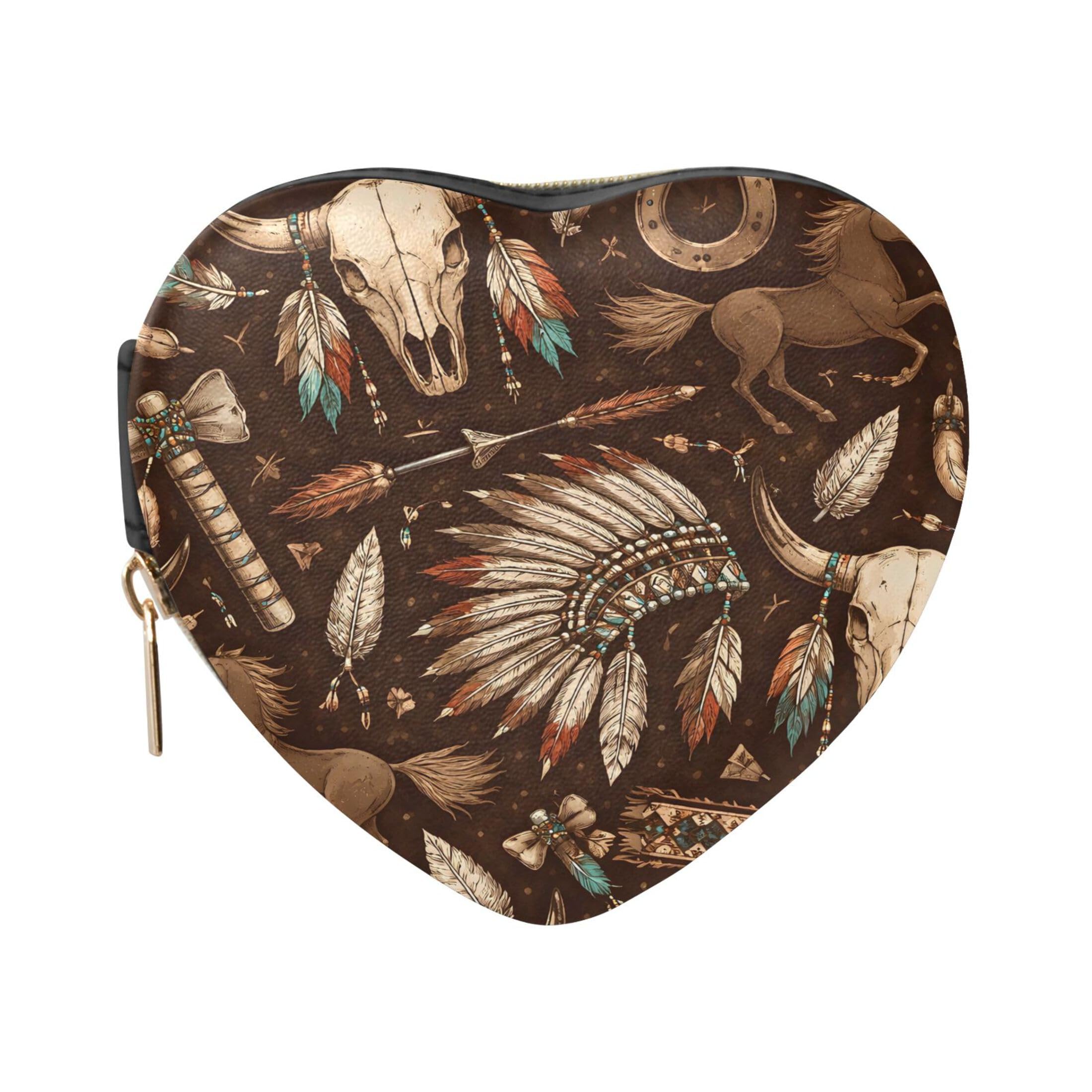 Fuauuyl Tribal Western Cow Skull Small Jewelry Box Heart-Shaped Jewelry Case, Portable Travel Organizer Bridesmaid Proposal Gift for Women Girls