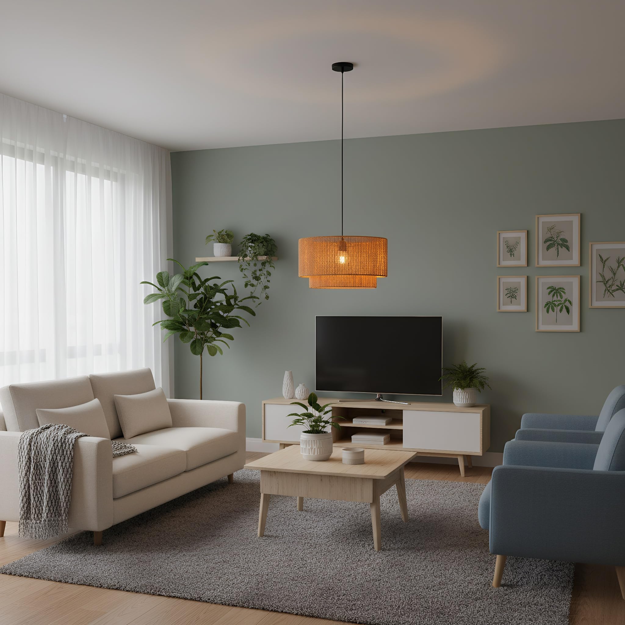 Alpinaluz Lampada a Sospensione Ø45 cm con Paralume in Carta Intrecciata a Mano e Struttura in Ferro Marrone Chiaro – Design Boho Vintage per Soggiorno, Sala da Pranzo e Camera da Letto Interni