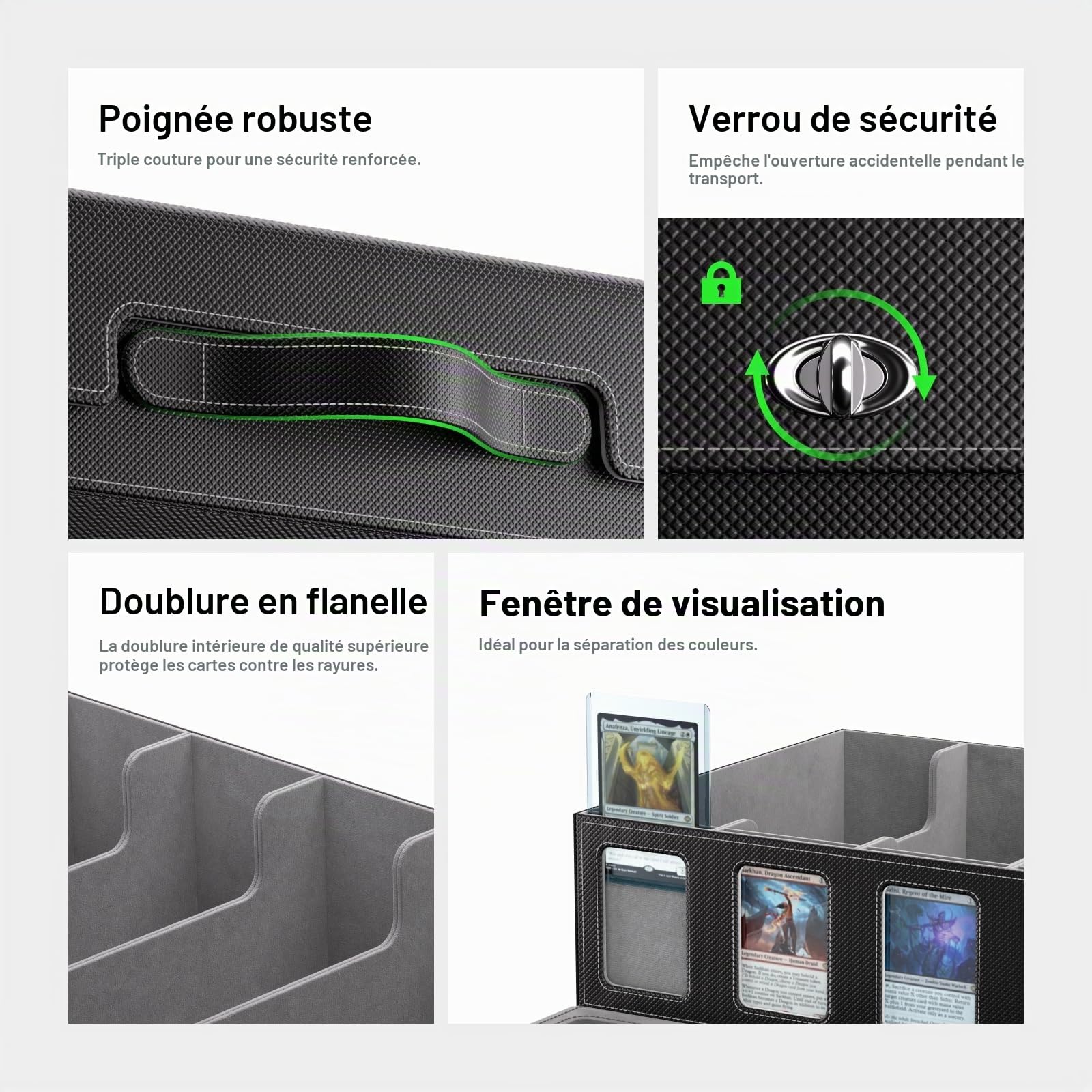 Boîte rangement cartes TCG poignée fermeture mécanique, 5 rangées 3900+ cartes, fenêtre scellée, 48 séparateurs, organiseur Top Loader MTG cartes sportives (Noir, 5 Rangées)
