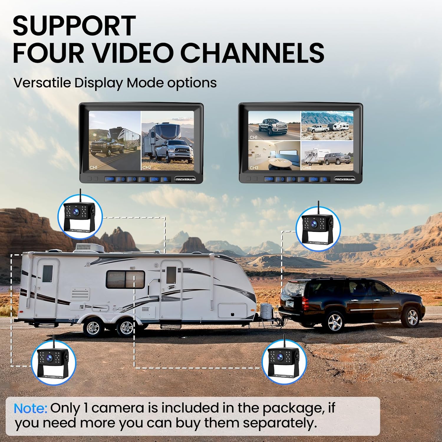 Monitor displaying multiple camera views in split and quad screen modes