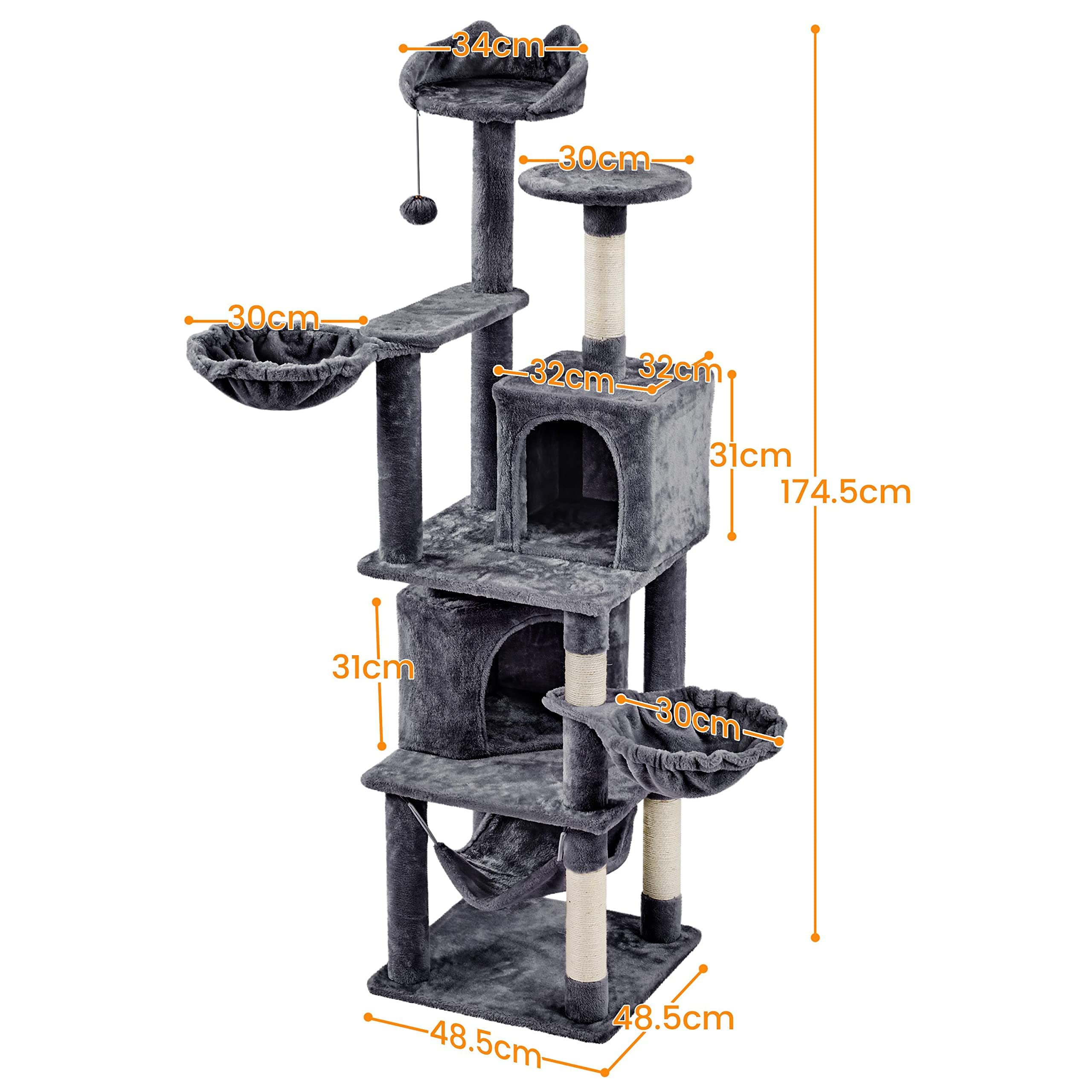Yaheetech Rascador XXL para Gatos de 175 cm de Altura para Gatos Grandes, árbol de Escalada Estable con columnas de sisal y Plataformas, Hamaca de Peluche, Color Gris Oscuro