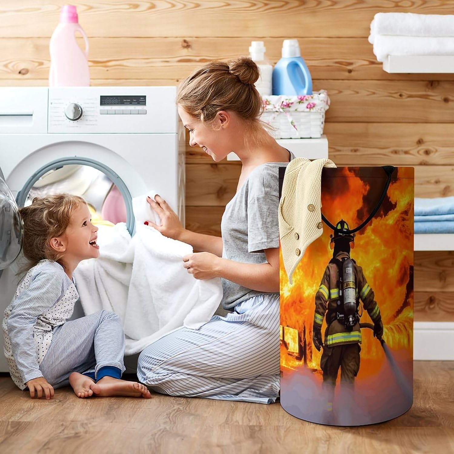 Firefighter Fireman Flame Laundry Hamper with Handles Waterproof Collapsible Laundry Basket Large Lightweight Round Dirty Clothes Hamper for Home Dorm Bathroom Decor