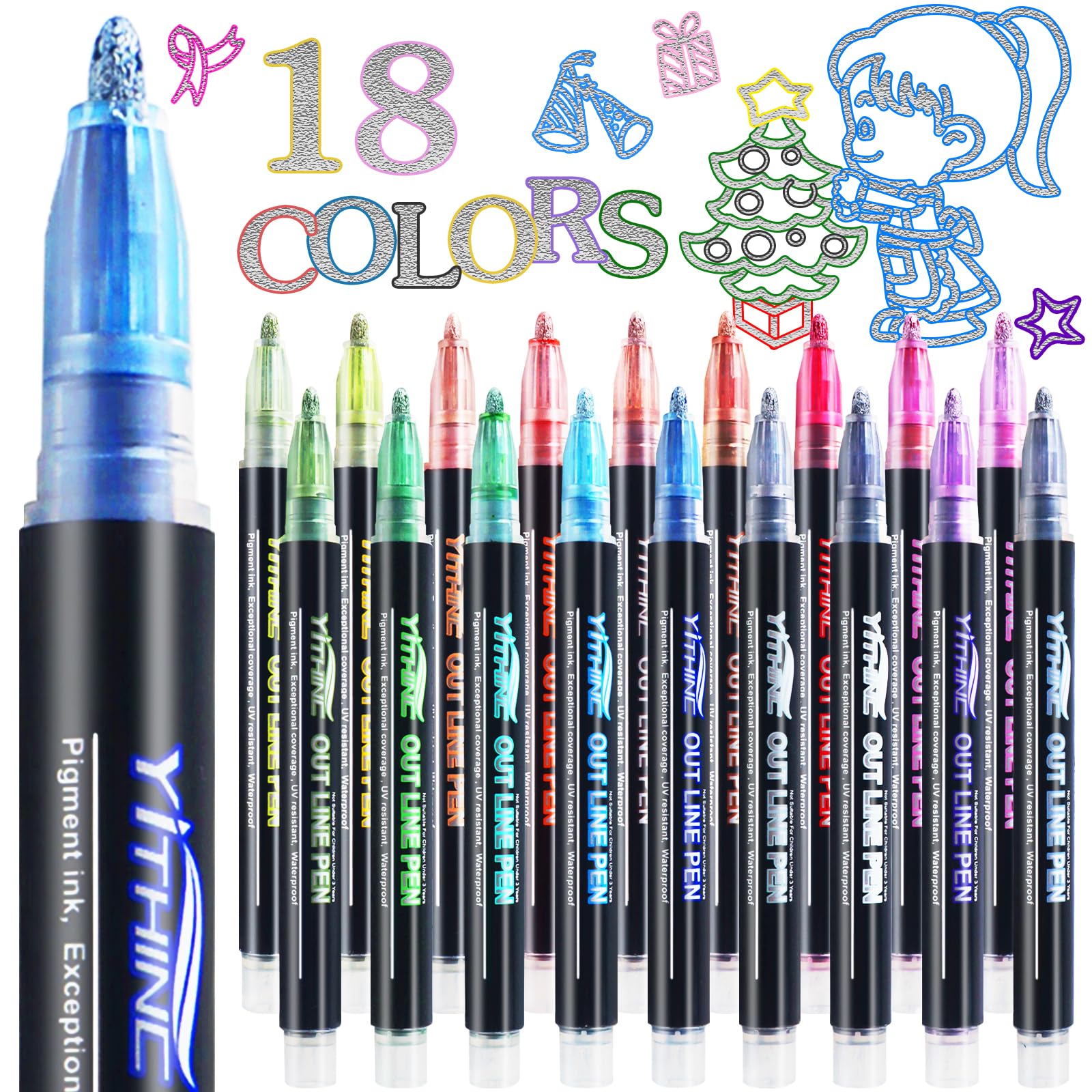 YITHINC Glitter Outline Markers, Gifts for Teenage Girls, Birthday Presents for Kids, 18 Metallic Colouring Pens, Art and Crafts Supplies Set for Kids Ages 4-16