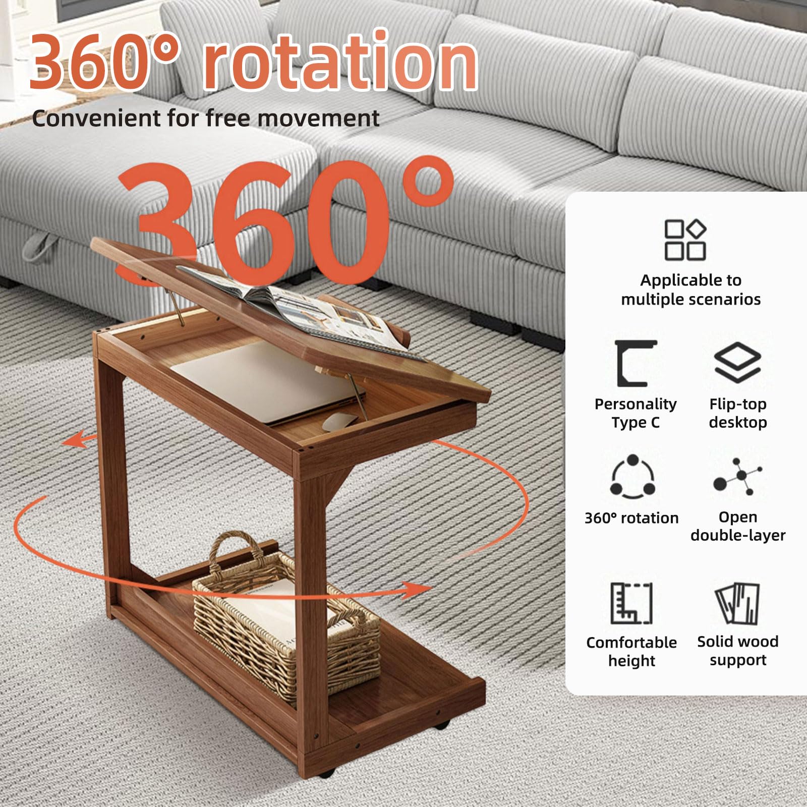 Tavolino Divano MSFE Rotante 360° – Forma A C, Piano Regolabile 0-40°, Gambe In Legno, Con Ruote E Spazio Archiviazione