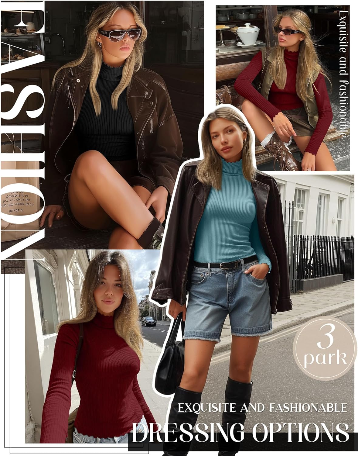 3 Pack Women's Turtleneck Cotton Shirts, Long Sleeve Ribbed Lettuce Trim Mock Neck Slim Fit Tops Soft Base Layer - Image 3