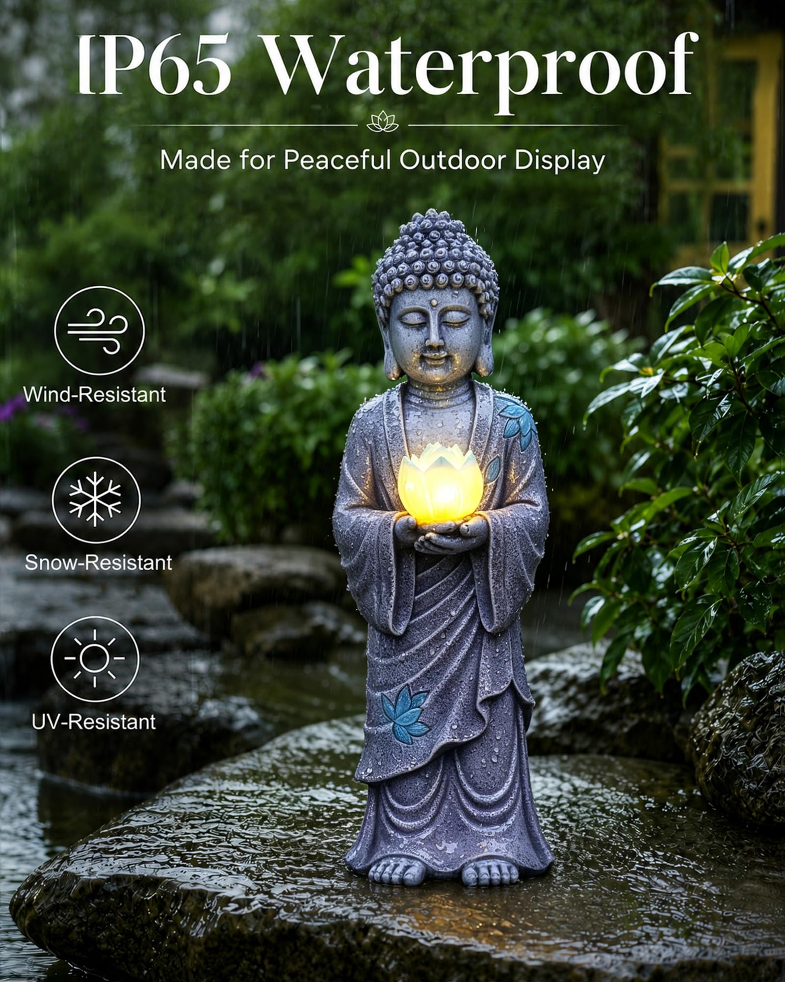Yeomoo Statua di Buddha in piedi con luce solare LED loto, decorazione da giardino, resistente alle intemperie, decorazione per giardino, soggiorno, Feng Shui, spirituale, regalo per donne, mamma e