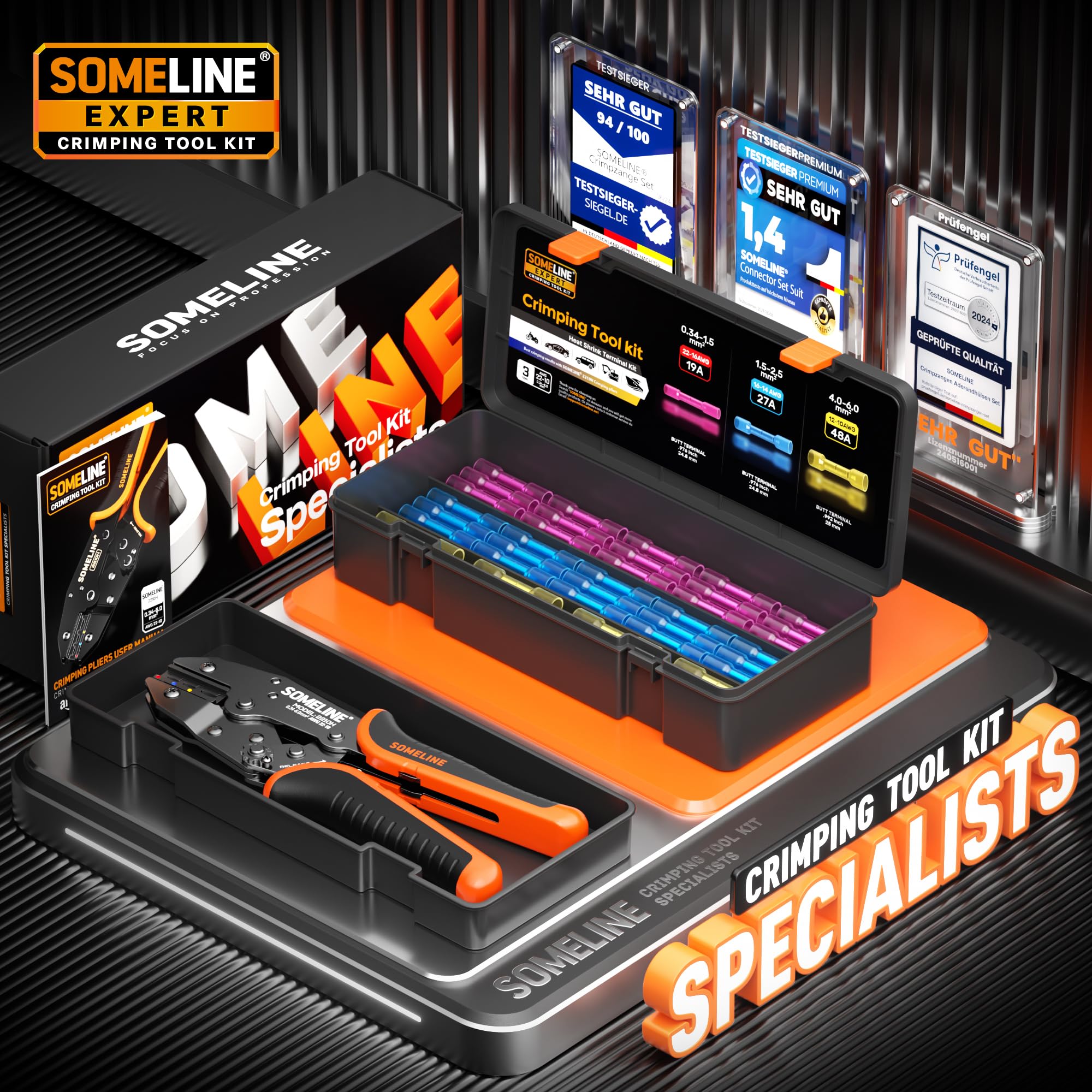 SOMELINE Pince à Sertir Cosse Thermorétractable Kit, Pince à Sertir 0,34-6 mm², avec 100 pcs Connecteur Thermorétractable, Cosse a Sertir Connecteur Electrique Etanche, for Cars and Boats
