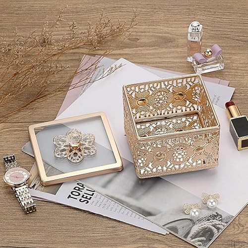 Miniatura 3 de Hipiwe Caja de Joyería de Metal Tallada con Tapa de Vidrio, Organizador Cuadrado de Baratijas con Espejo Dorado, Cofre del Tesoro para Anillos,
