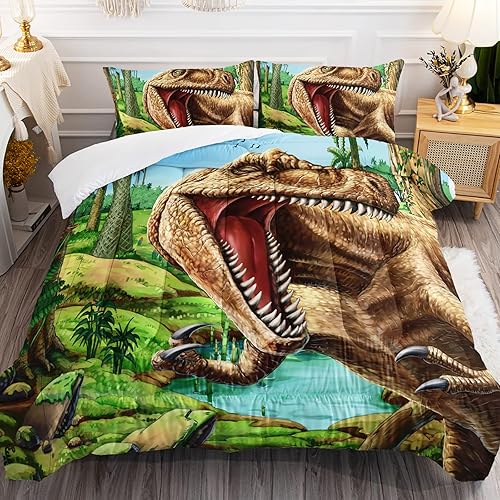 Juego de edredón de dinosaurio 3D tamaño matrimonial para niños y niños, juego de ropa de cama de dinosaurio Jurassic Jungle de 3 piezas, incluye 1