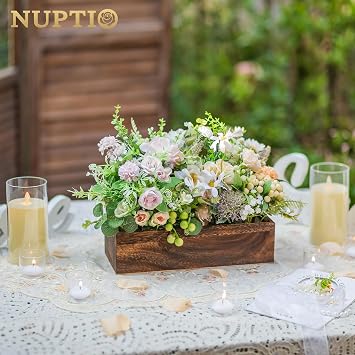 NUPTIO Wooden Box Centerpiece for Table: 2 Pcs 11.8 Long Wood Rectangle Planters - Farmhouse Flower Vase for Fall Wedding Dining Living Room Window Mantel Table Decor
