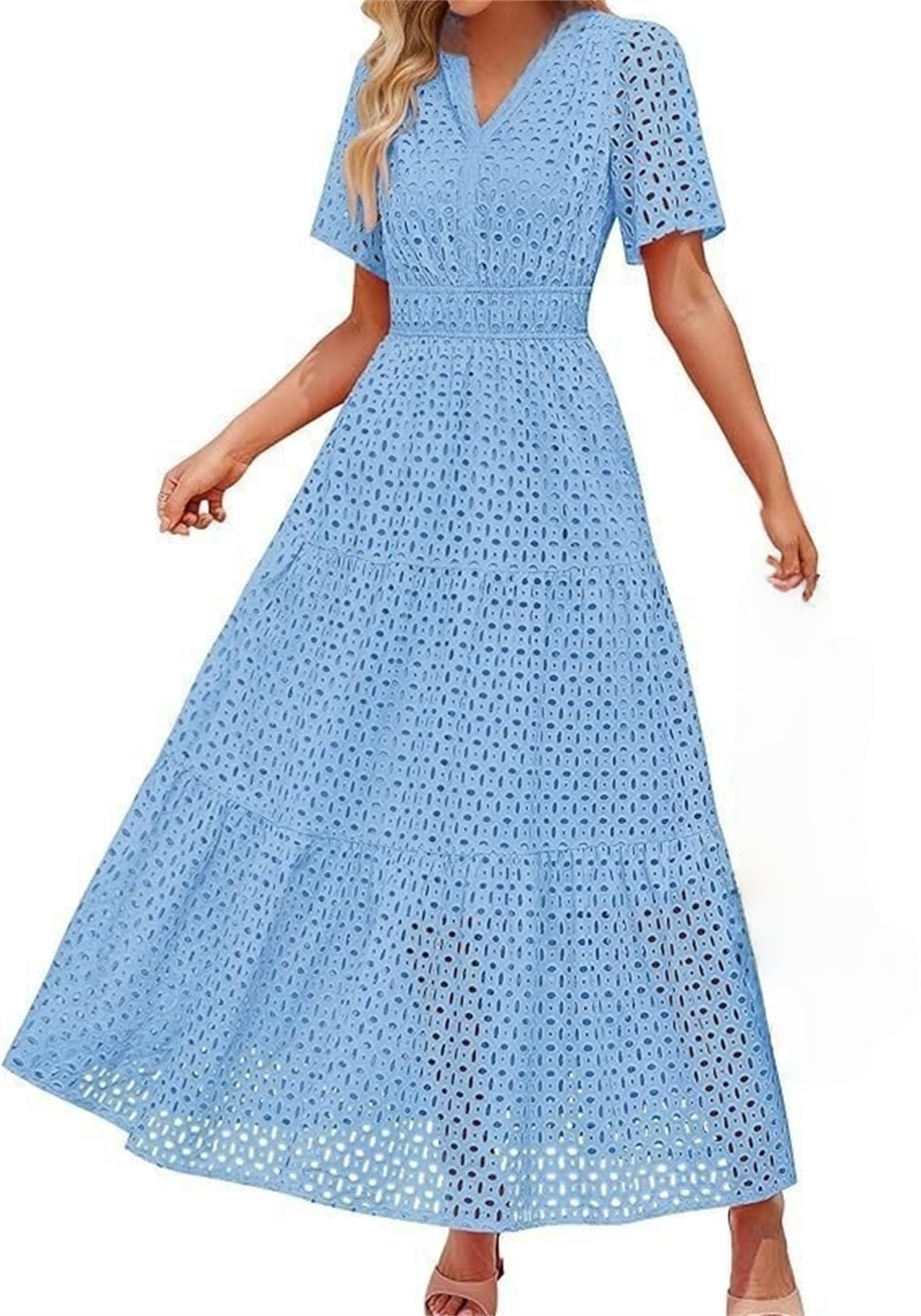 Vestido maxi de verano para mujer, manga corta, informal, con ojales, cuello en V, cintura alta, volantes, swing en línea A, vestidos largos que fluyen
