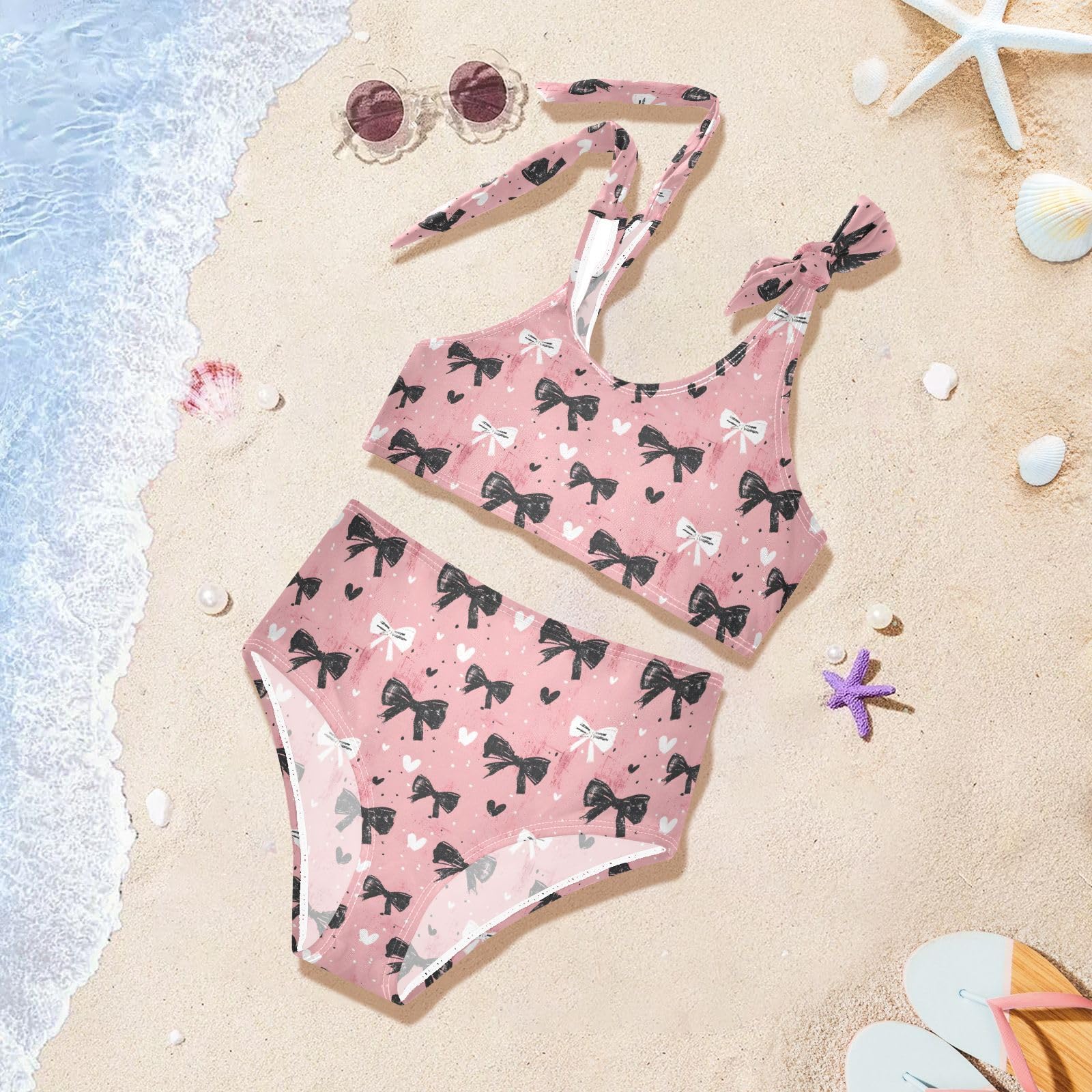 Black White Ties Girls Tankini Swim Set, Two Piece Swimsuits Summer Bikini Swimwear Set for Girls, 4T