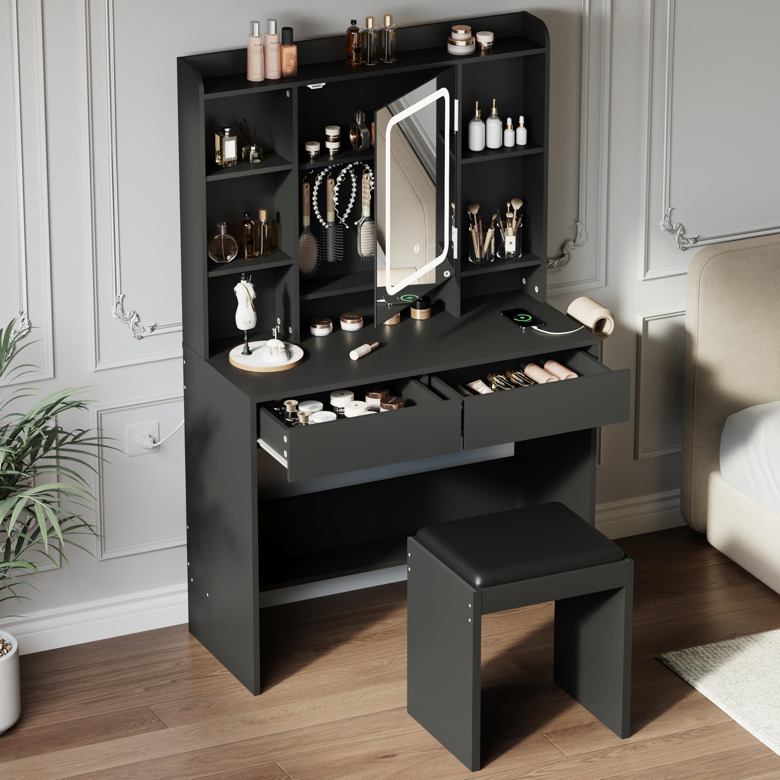 Assembled MilleLoom Vanity Desk with mirror, lights, and stool in a bedroom setting.