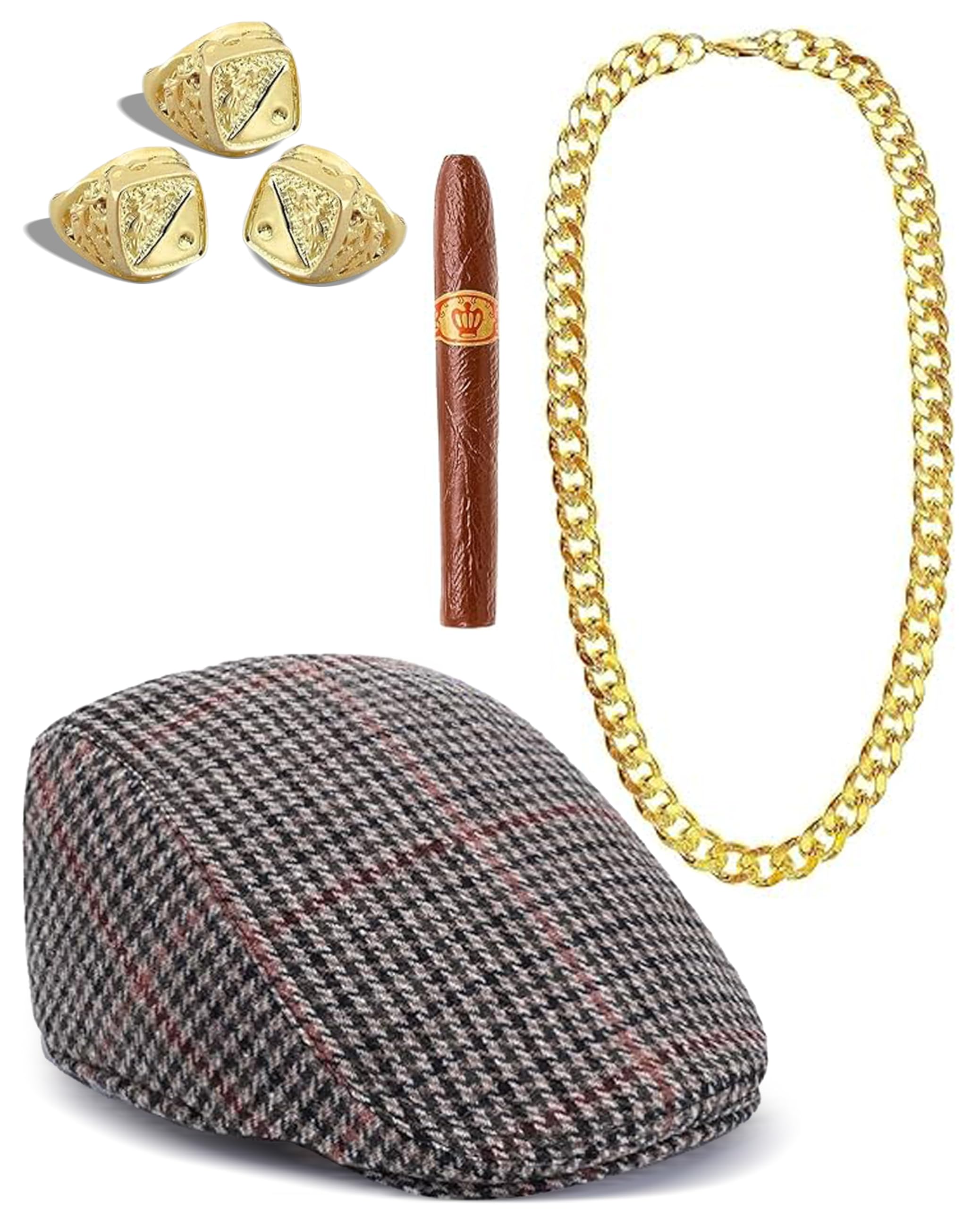 Mega_Jumble Adult Del Boy Instant Kit - Flat Cap, Fake Cigar, Gold Chain and & Sovereign Rings | Halloween Festival Stag Party, Big Daddy, Gangster, Peaky Blinders Fancy Dress Up