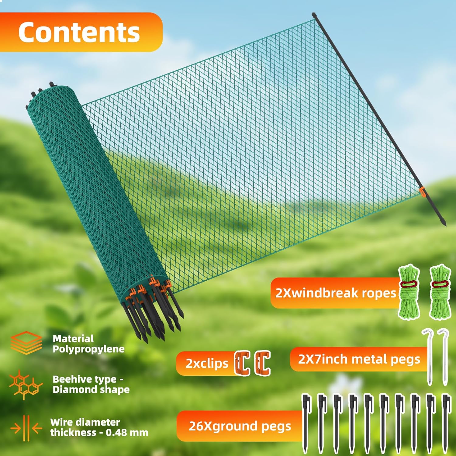 Temporary Fence with Garden Posts & 3.1'H x 60'L Plastic Mesh,Portable Snow Fencing with Windbreak Rope and Ground Stakes,Dog Fence Outdoor for Yard,Backyard Fences,Garden Fence Protect Barrier 37" x 60
