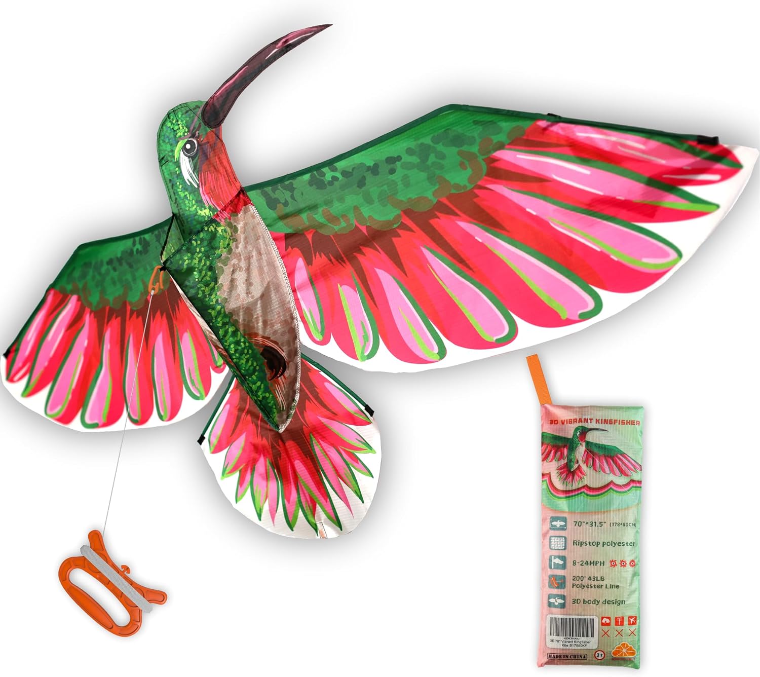 The Kingfisher kite unfolded, showing its vibrant green and pink colors, with a red kite reel and a green fabric carry bag next to it.