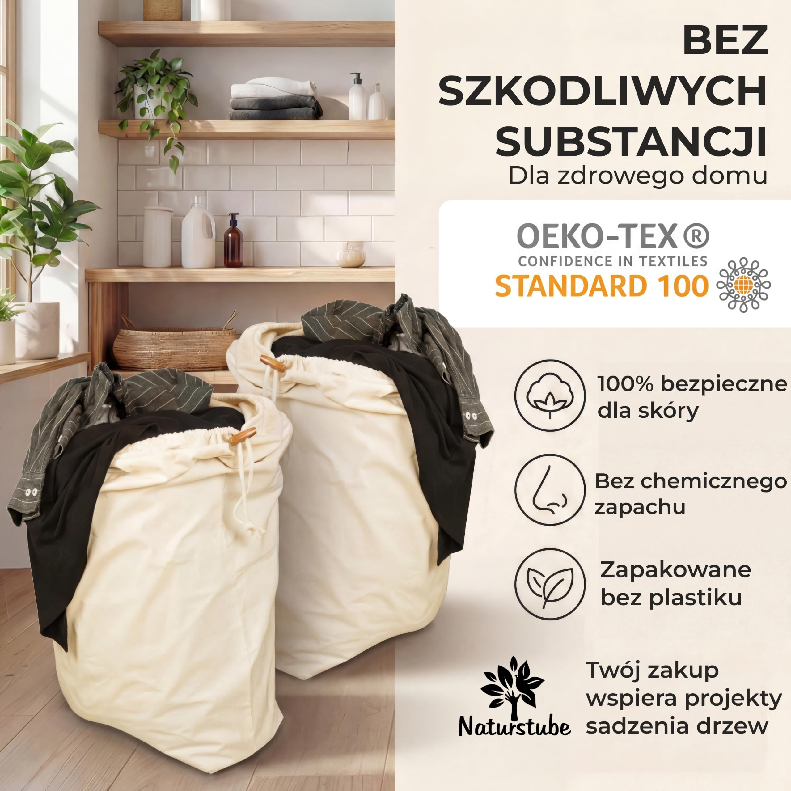 Zestaw 2 worki na pranie 50 x 70 cm, 45 l, 100% bawełna [certyfikat Öko-Tex]prać