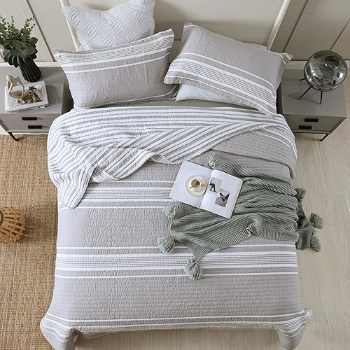 Miniatura 2 de SahSahCasa Juego de edredón tamaño Queen, 100% algodón, juego de ropa de cama queen, colcha ligera reversible a rayas para cama Queen, para todas