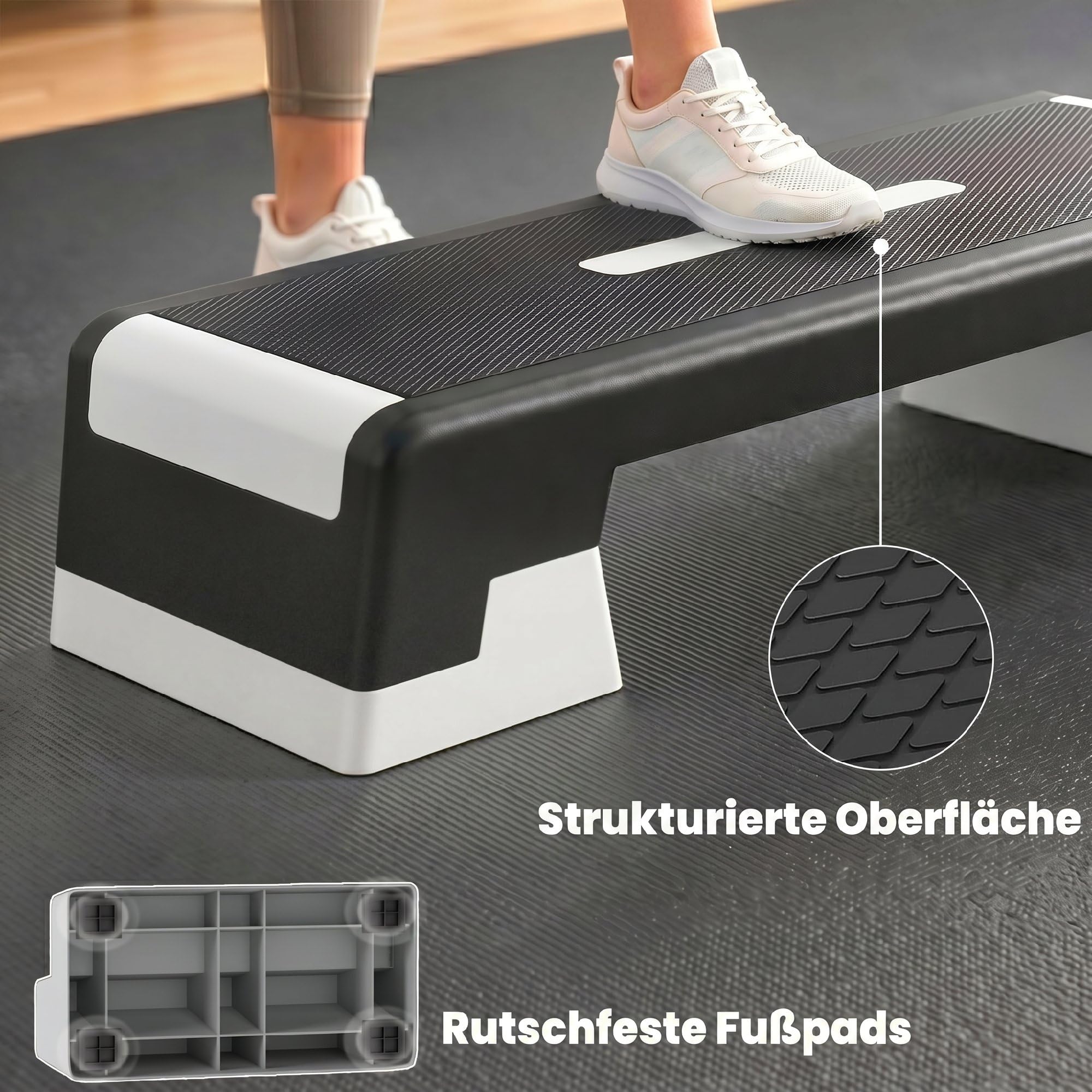 SPORTNOW Steppbrett höhenverstellbar Fitness Aerobic Stepper mit 3 Stufen (15/20/25 cm), Anti-Rutsch-Matte, Rutschfest Step Bench für Zuhause Fitnessstudio Büro Schwarz+Grau